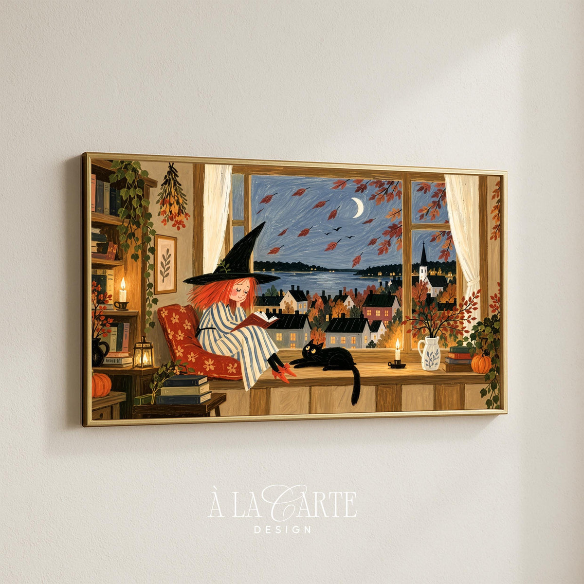 Spellbook reader and black cat Samsung picture TV art — charming fall-themed screen art with textured brushwork and warm ambient lighting