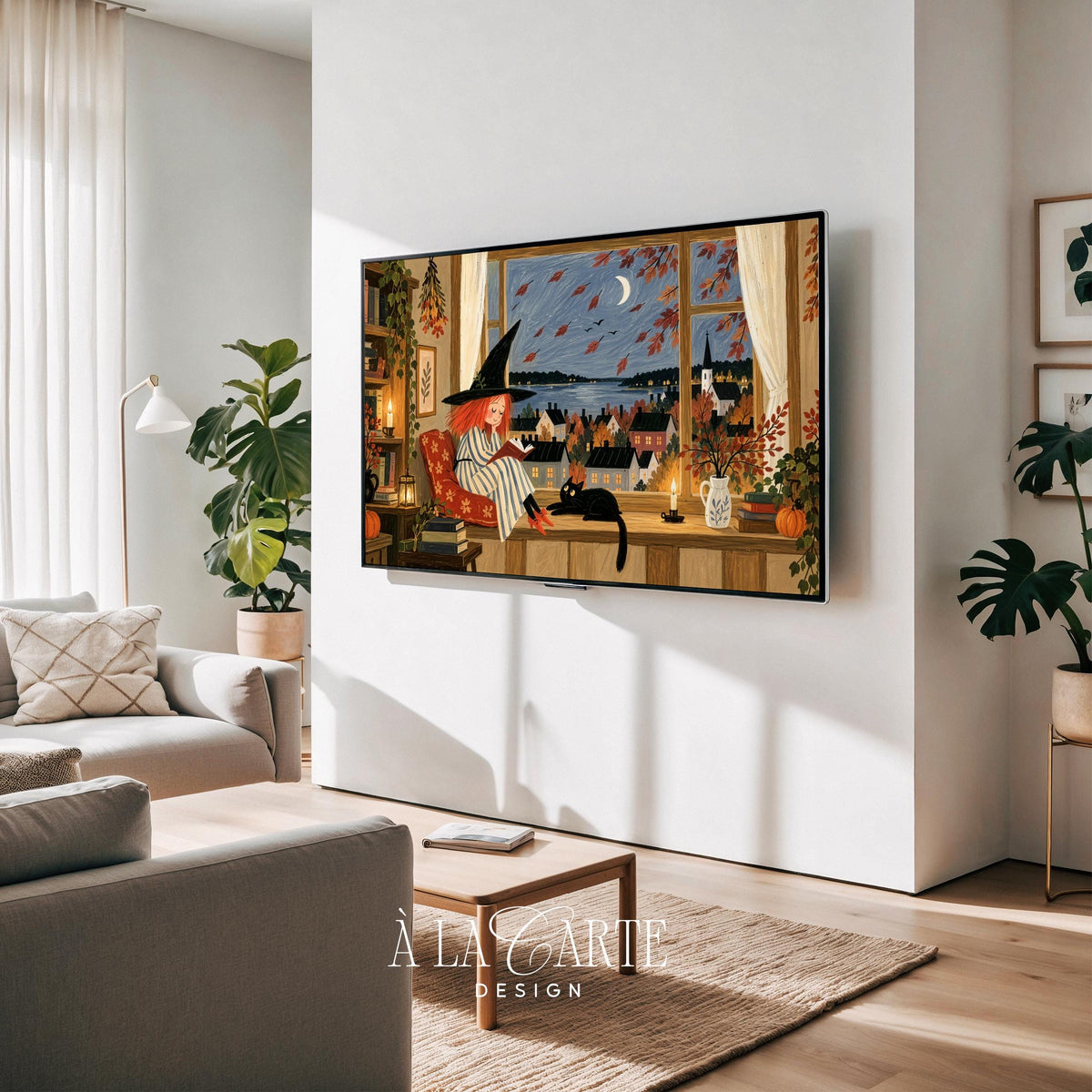 Festive witch illustration TV art for bedroom — cozy seasonal artwork television with crescent moon, village, and flickering candles in muted tones