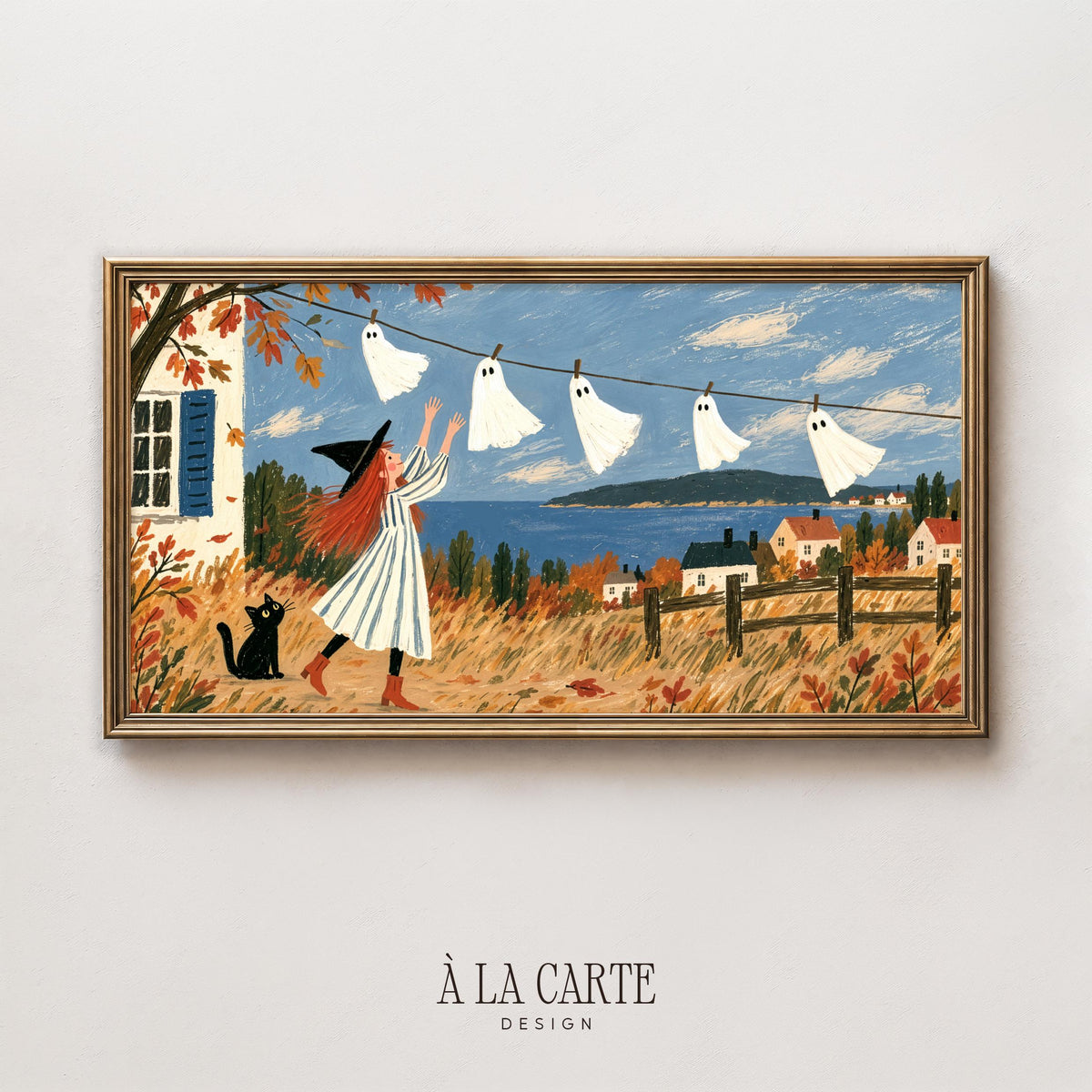 Cozy fall folk-art TV art for family room — whimsical Frame TV download with seaside village rooftops and painted brushstroke details
