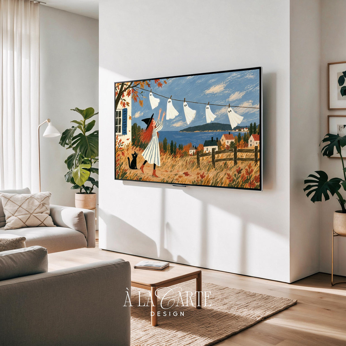 Witch hanging ghost laundry TV art for living room — cozy Halloween Frame TV art with black cat and autumn village cottage aesthetic