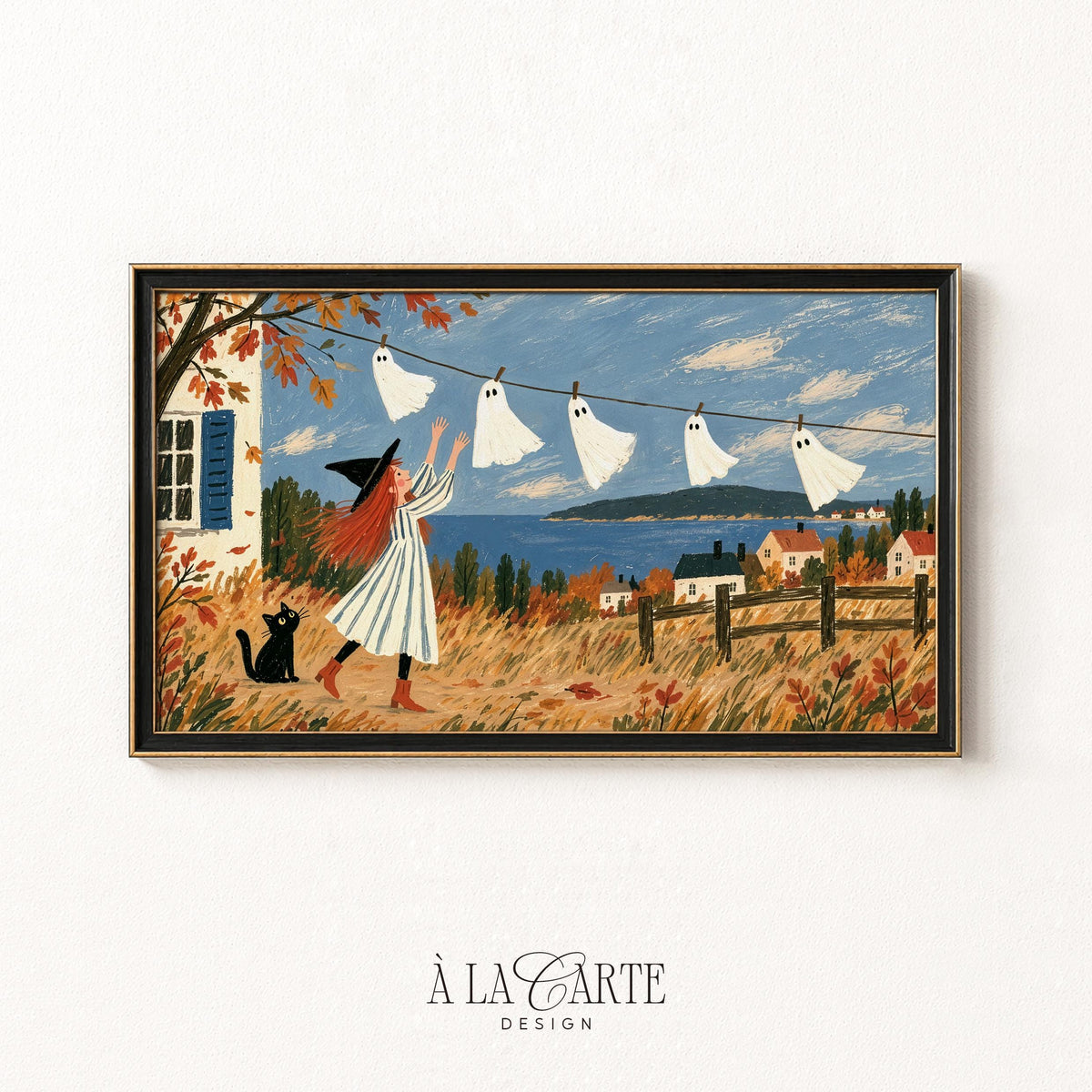 Black cat and enchanted laundry digital art for TV — Halloween Frame TV download with golden fields, blue shutters, and storybook charm