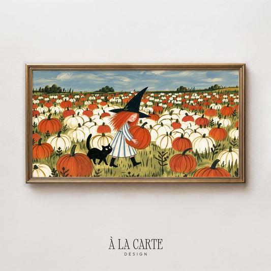 Fall Frame TV art for family room displaying witch, black cat, and golden pumpkin field — cottagecore Halloween TV screensaver