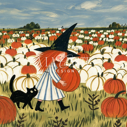 Cute witch character walking through orange pumpkins Frame TV artwork — whimsical fall TV art for living room with soft brushstroke style