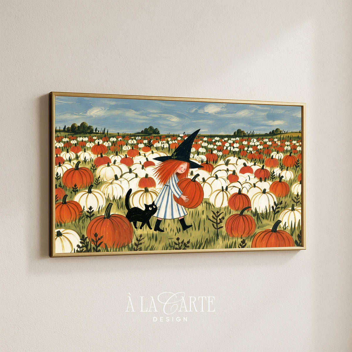 Halloween Frame TV art featuring little enchantress and black feline among harvest pumpkins — cozy seasonal TV screensaver download