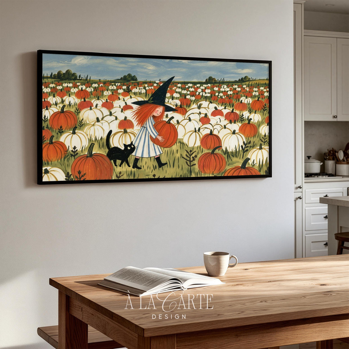 Halloween artwork television design with enchanting young witch among cream and orange pumpkins — Sony art TV compatible cozy seasonal display