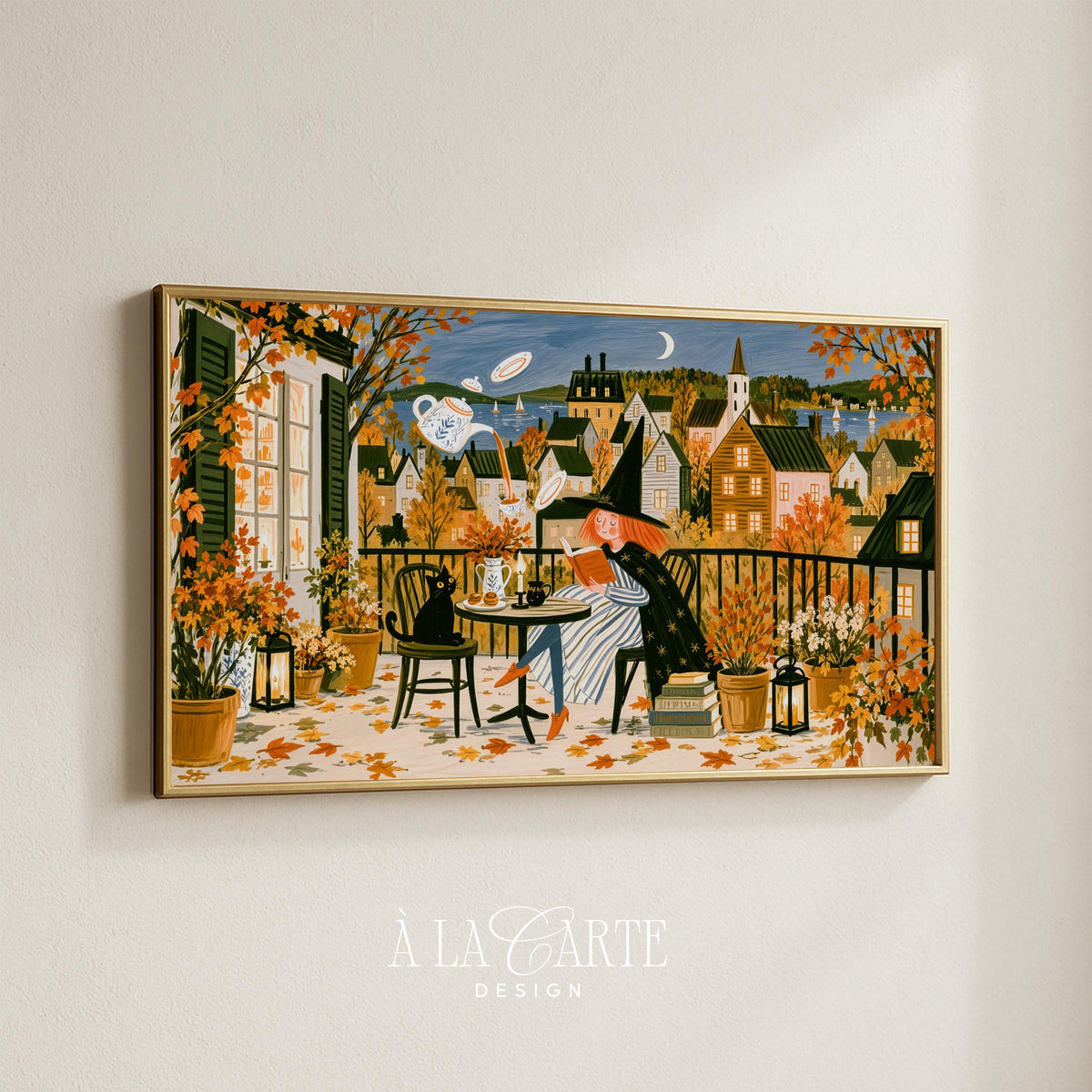 Autumn-themed witch enjoying tea digital art for TV — charming cottagecore Frame TV download featuring pointed hat, books, and crescent moon