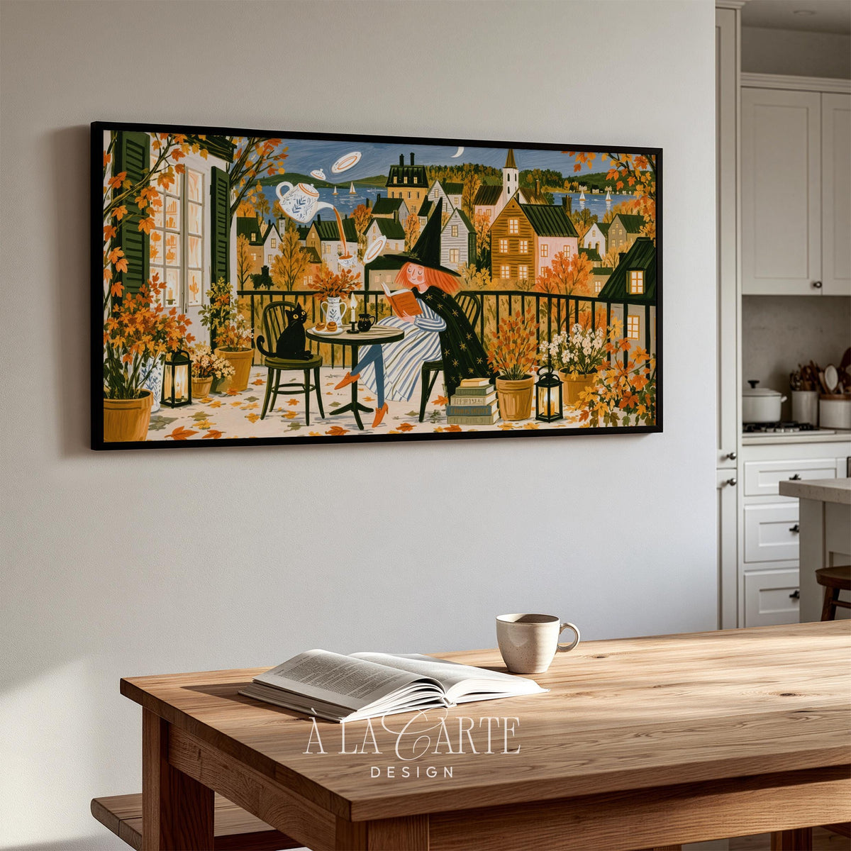 Halloween-inspired witch at balcony table art television — warm autumn palette TV art download with folk-art brushstrokes and village skyline