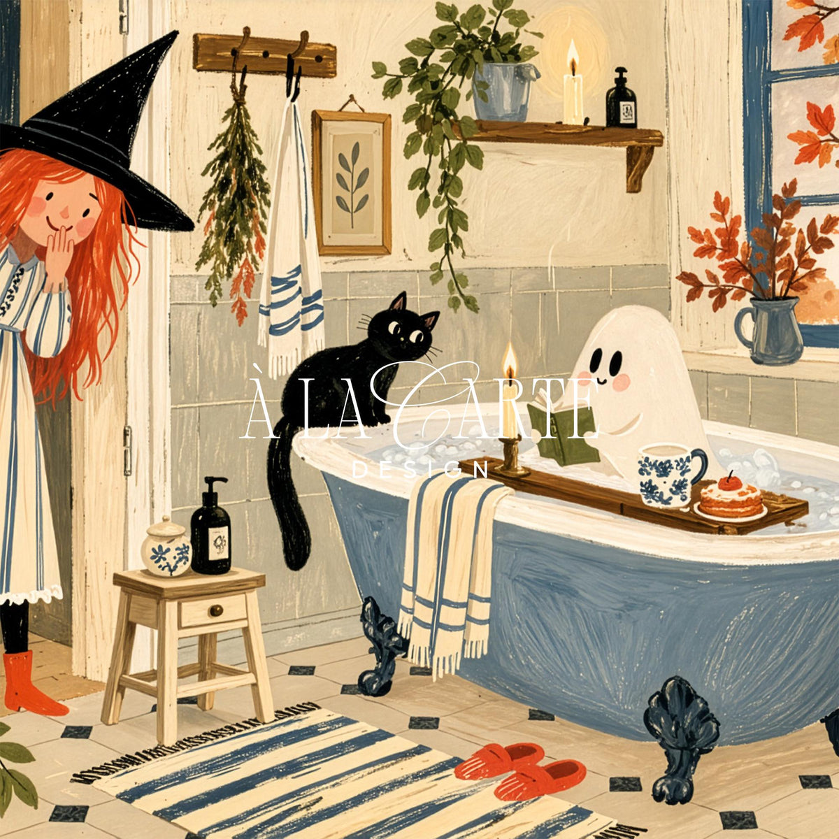 Children's storybook witch bathroom Samsung picture TV art — Halloween screensaver with dried herbs, potted plants, and cozy fall aesthetic