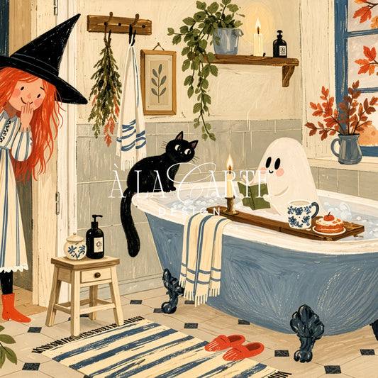 Children's storybook witch bathroom Samsung picture TV art — Halloween screensaver with dried herbs, potted plants, and cozy fall aesthetic
