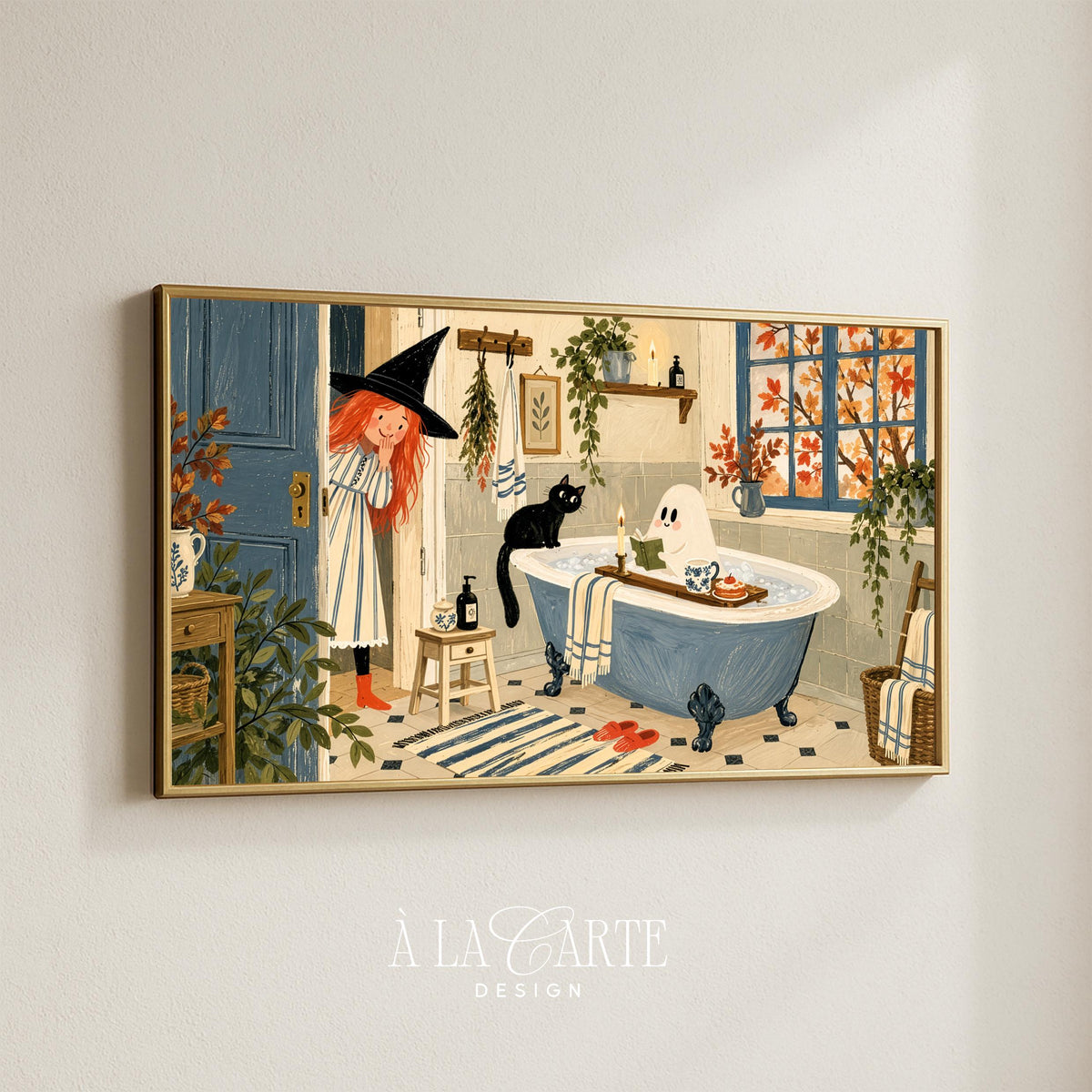 Fall-themed bathroom scene artwork television — Halloween kids Frame TV art with soft painterly style, candles, striped towels, and autumnal window details