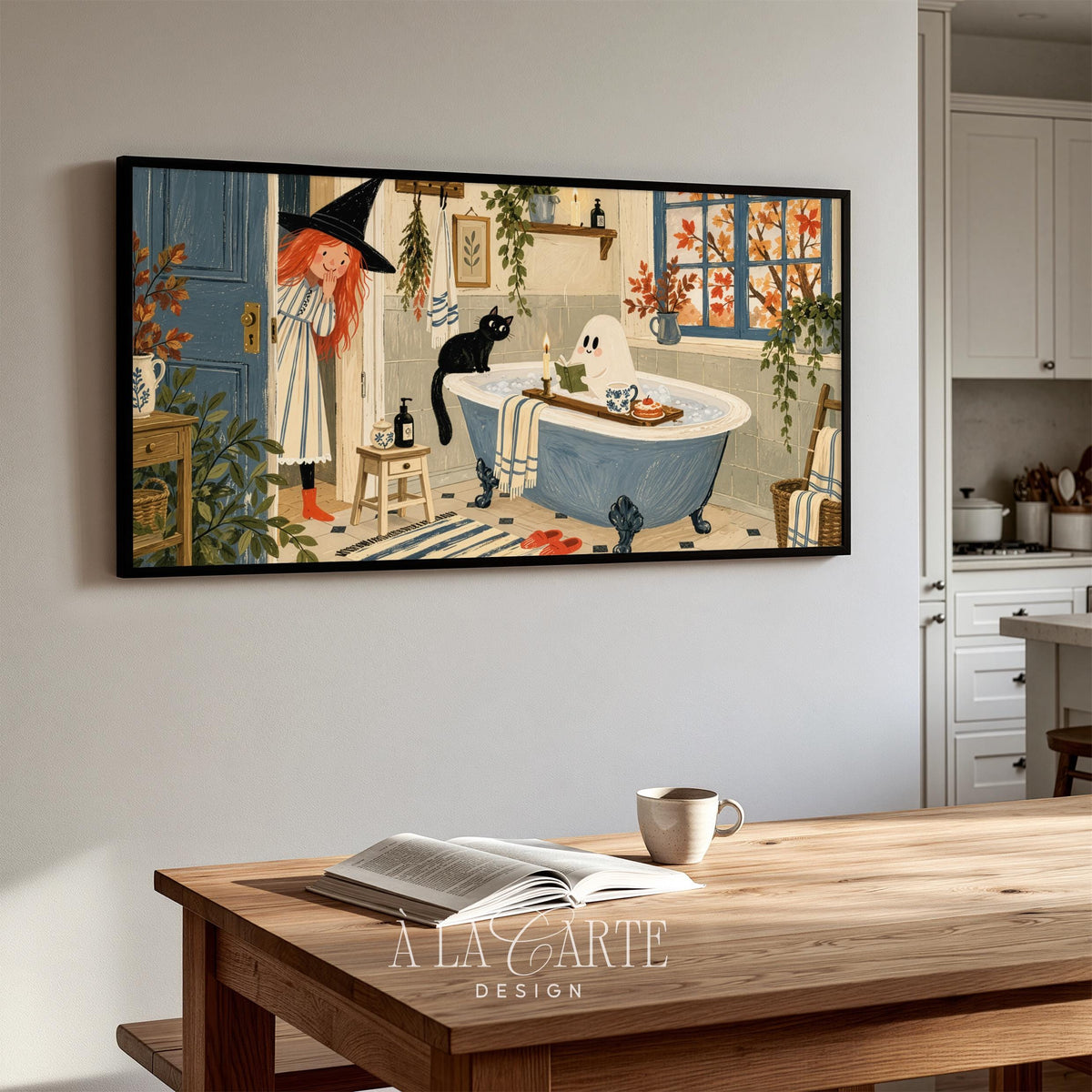Whimsical bathroom with enchantress digital art for TV — Frame TV download featuring adorable ghost in bubbles and black cat on vintage tub