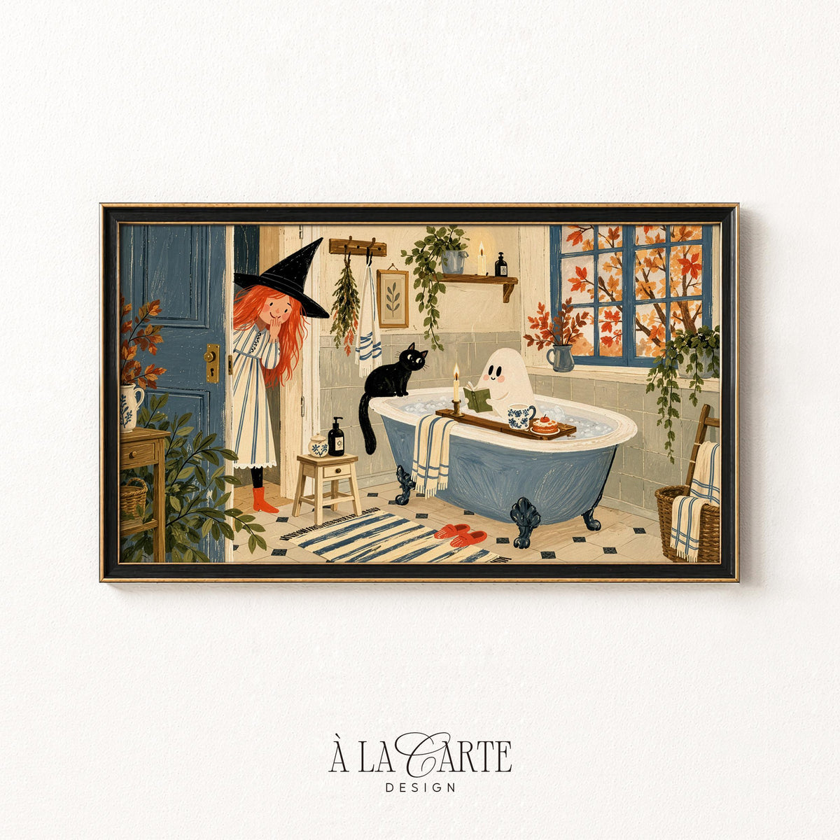 Spooky-sweet bathroom illustration TV art download — kids Frame TV artwork showing witch, cat, and ghost with autumn-inspired muted color palette