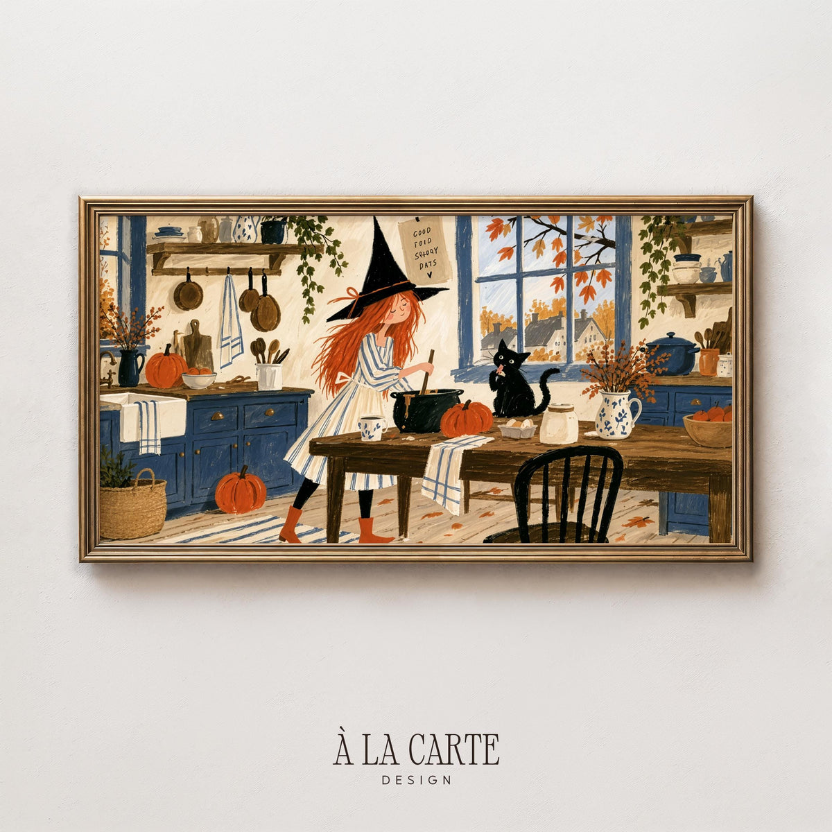 Red-haired witch stirring cauldron TV art for kitchen — cozy Halloween Frame TV art with black cat and autumn harvest farmhouse aesthetic