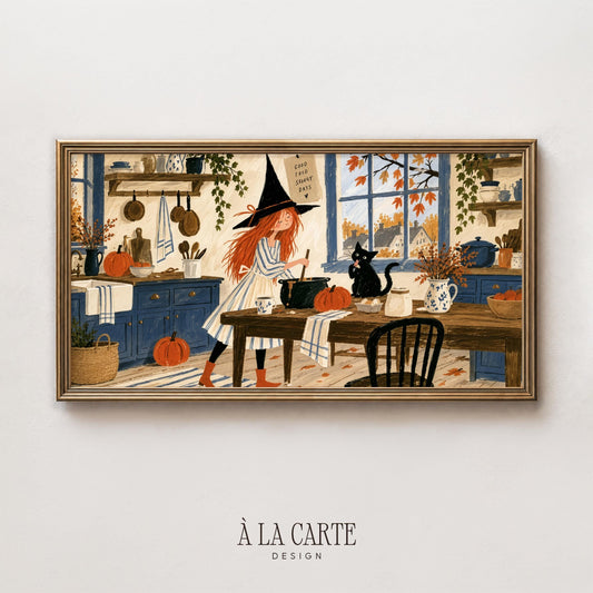 Red-haired witch stirring cauldron TV art for kitchen — cozy Halloween Frame TV art with black cat and autumn harvest farmhouse aesthetic