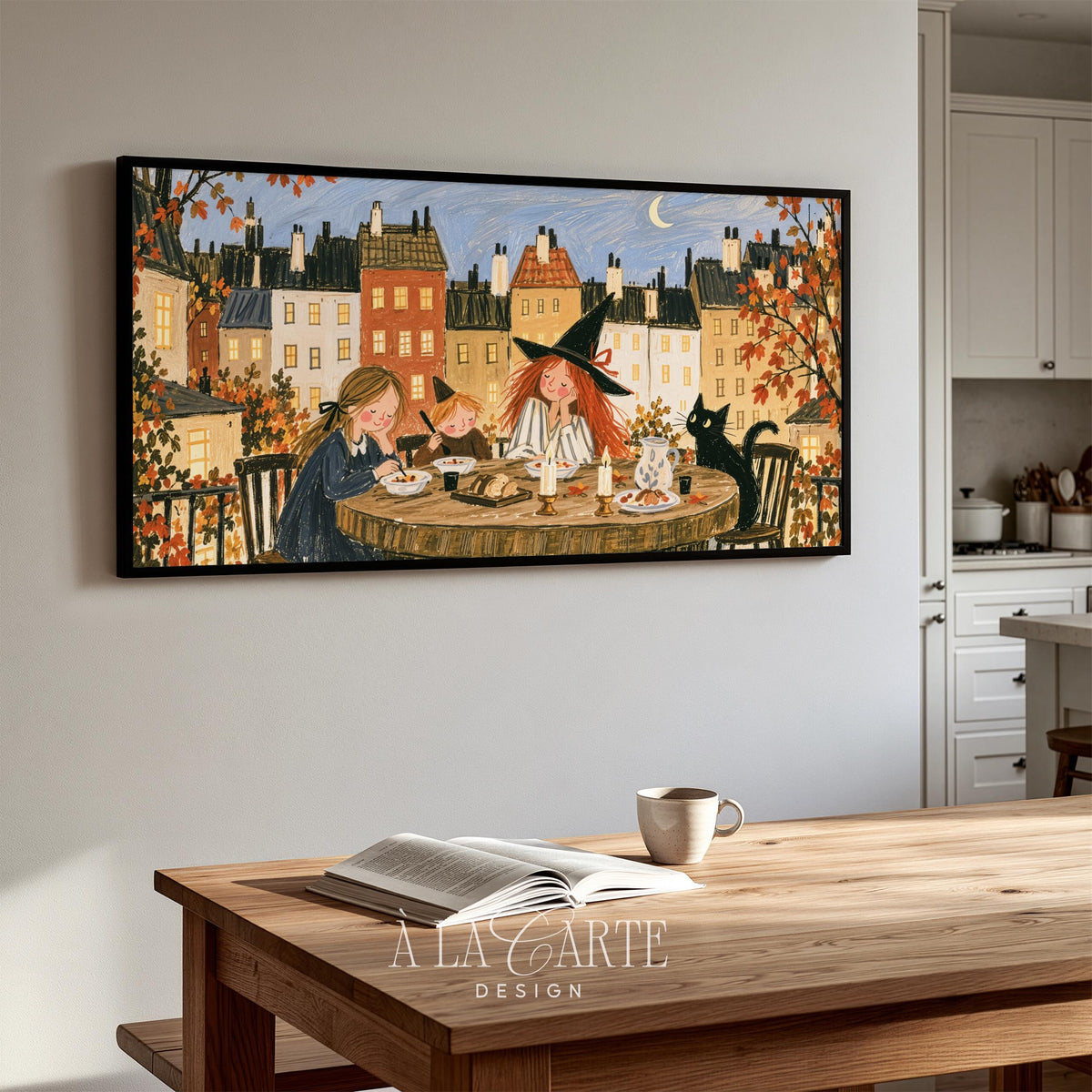 Children in witch hats gathered around autumn table Frame TV art — cozy cottagecore Halloween screensaver with black cat and village rooftop background