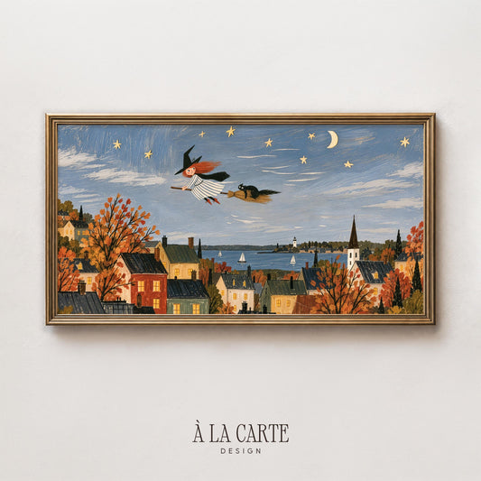 Spooky-cute TV screensaver with dusty blue skies — witch on broomstick artwork television featuring golden trees and twilight coastal mood