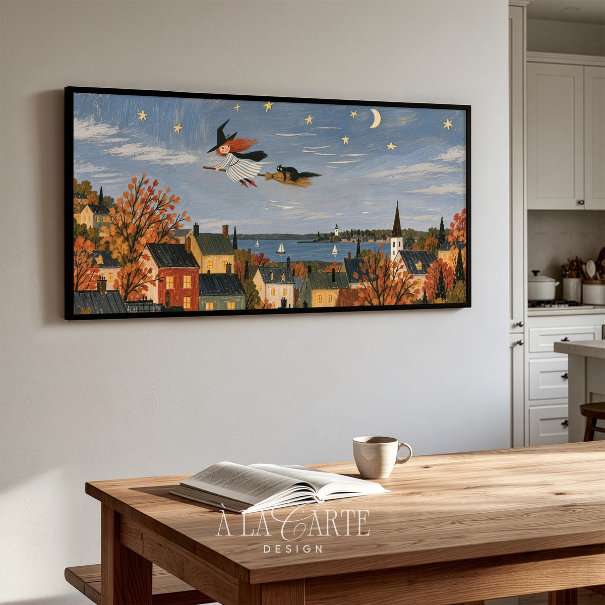 Halloween Frame TV art for living room — cozy autumn village painting with flying witch, cat, and rolling hills in textured brushstrokes