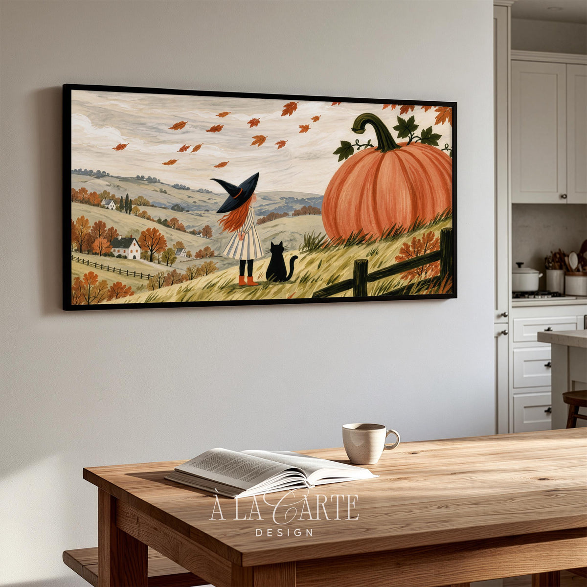 Festive pumpkin patch scene TV as painting — Halloween Frame TV art for kids' rooms featuring folk-inspired style with wooden fence and rolling terrain