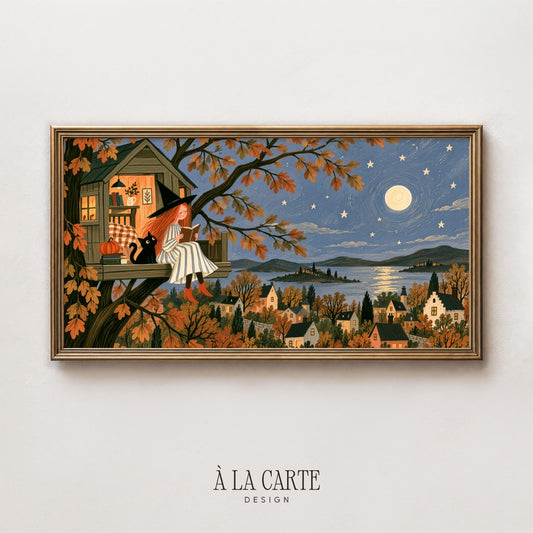 Witch and black cat reading in treehouse Frame TV art — cozy autumn folk-art painting for living room with moonlit village scene