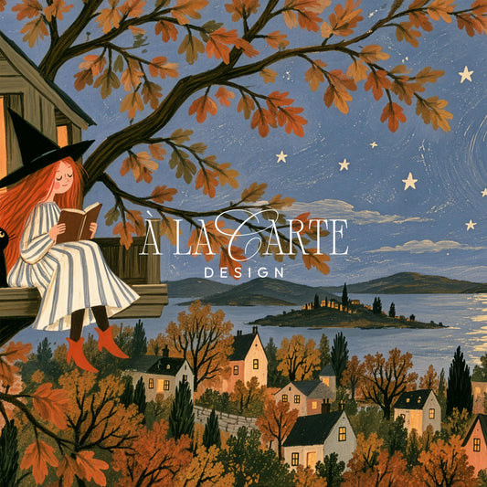 Whimsical Halloween Frame TV art download featuring little sorceress in tree house with glowing moon and fall foliage aesthetic