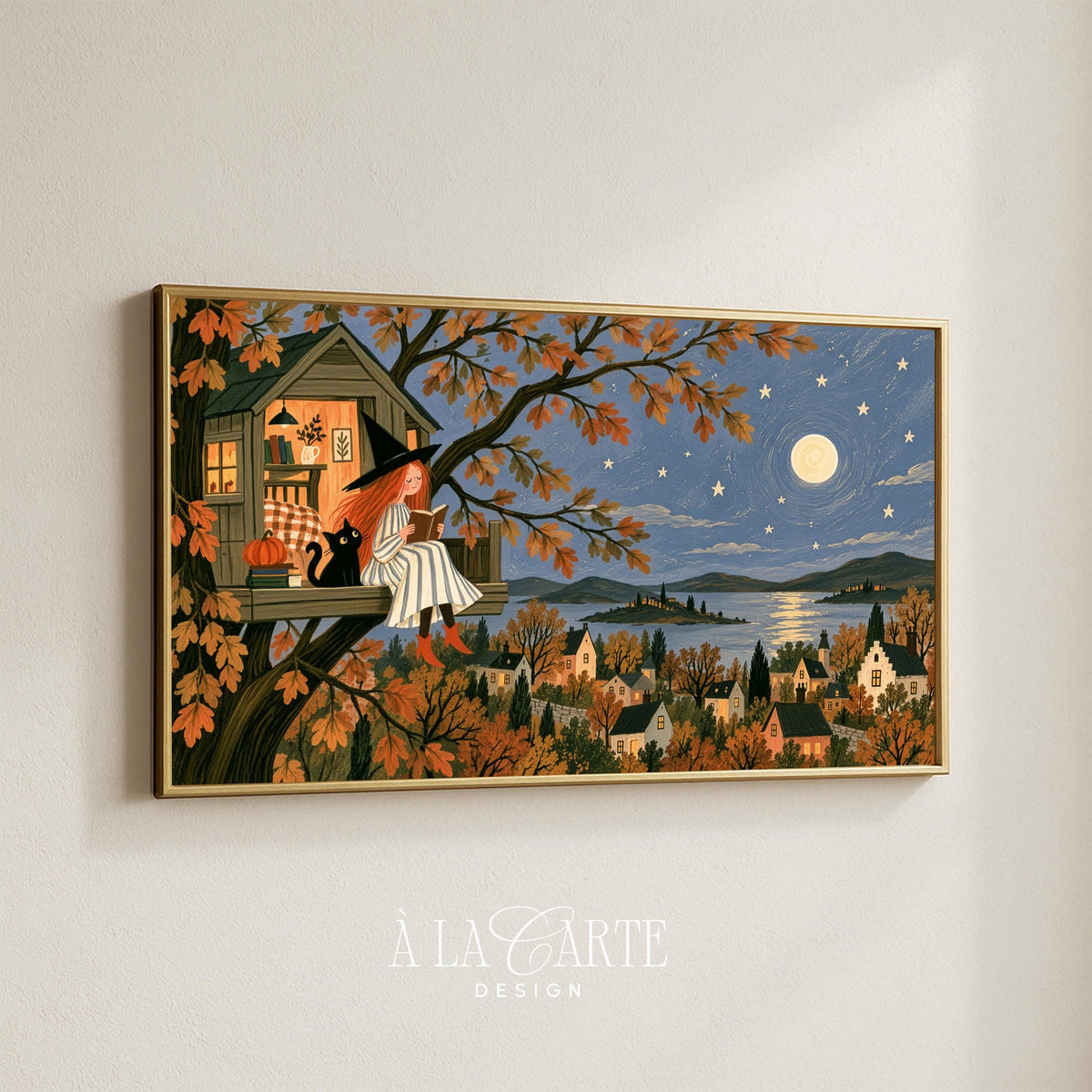 Halloween frame TV art for family room — enchanting storybook scene with young enchantress, pet cat, and moonlit village landscape below