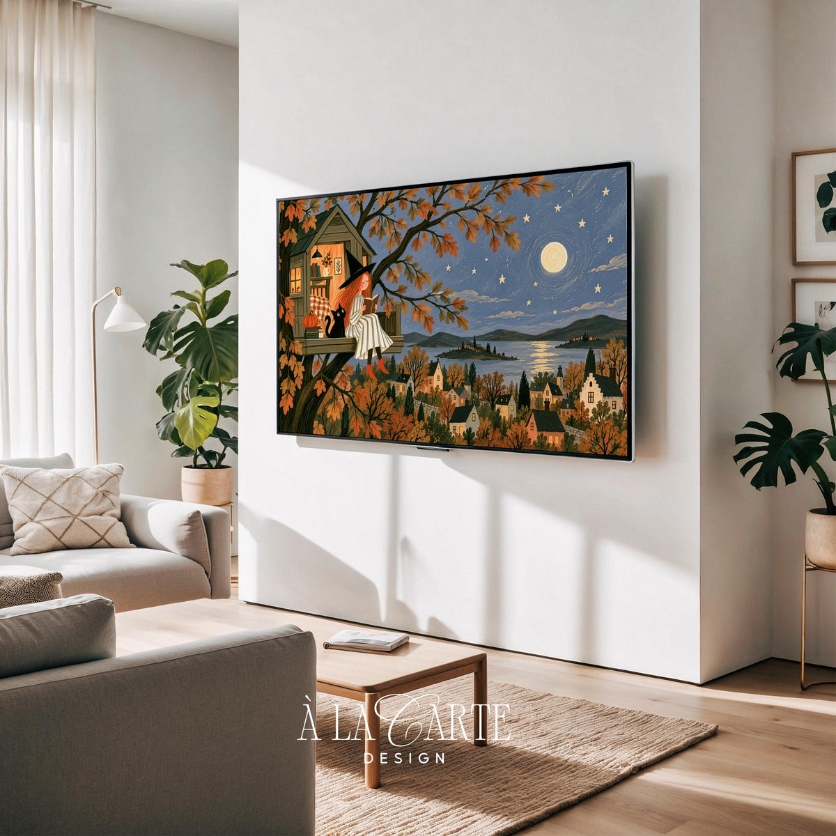 Autumn cottage core TV art for bedroom — witch character with feline companion in treehouse overlooking starry night and lakeside hamlet