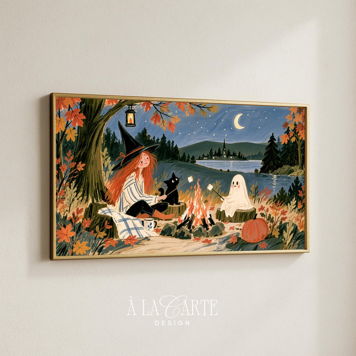 Witch, black cat, and ghost roasting marshmallows by campfire TV art for bedroom — cozy Halloween Frame TV art with autumn lakeside setting and folk-art style