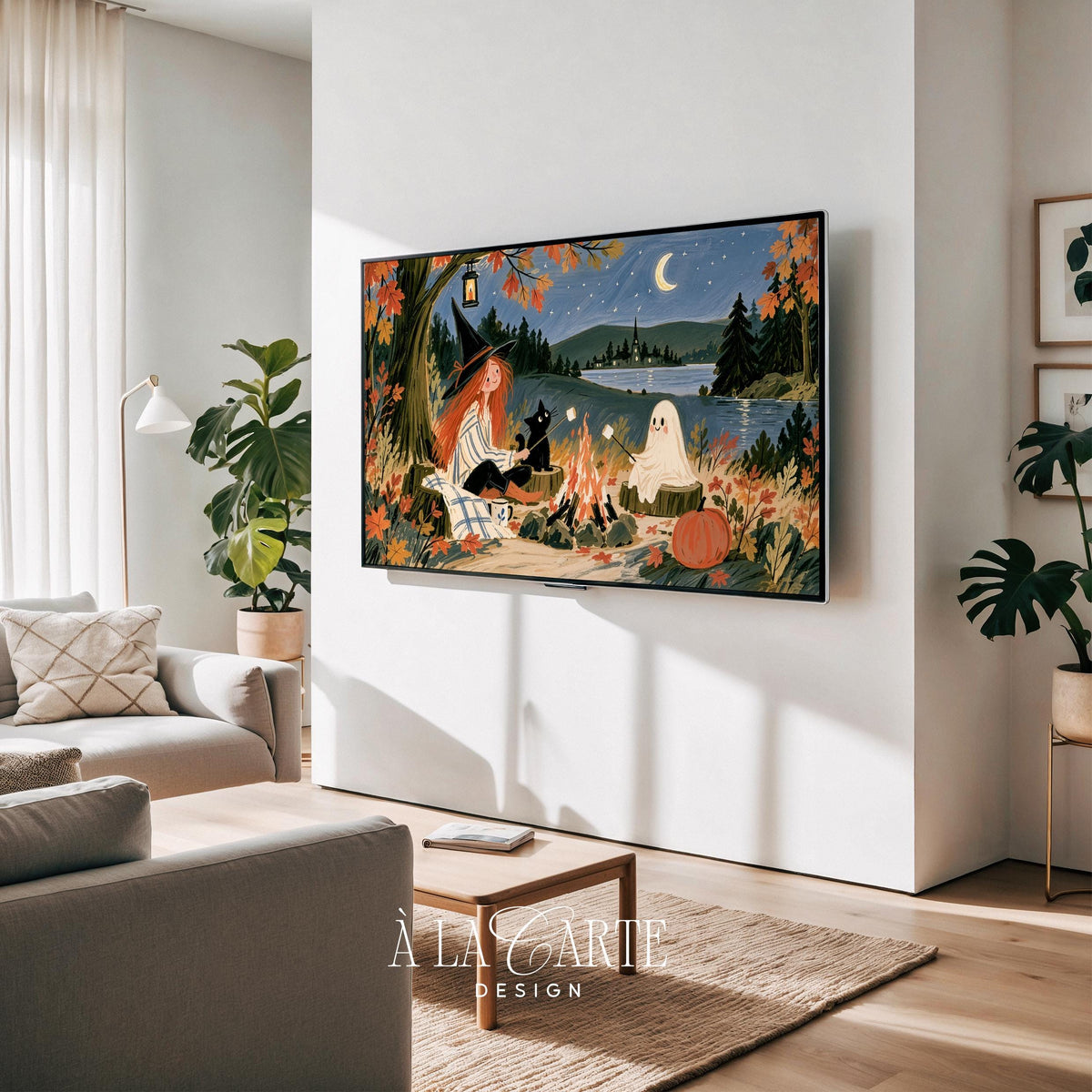 Kids Frame TV art featuring enchanted autumn gathering with witch, feline friend, and ghost by moonlit fire, folk-art style with seasonal orange foliage and lantern