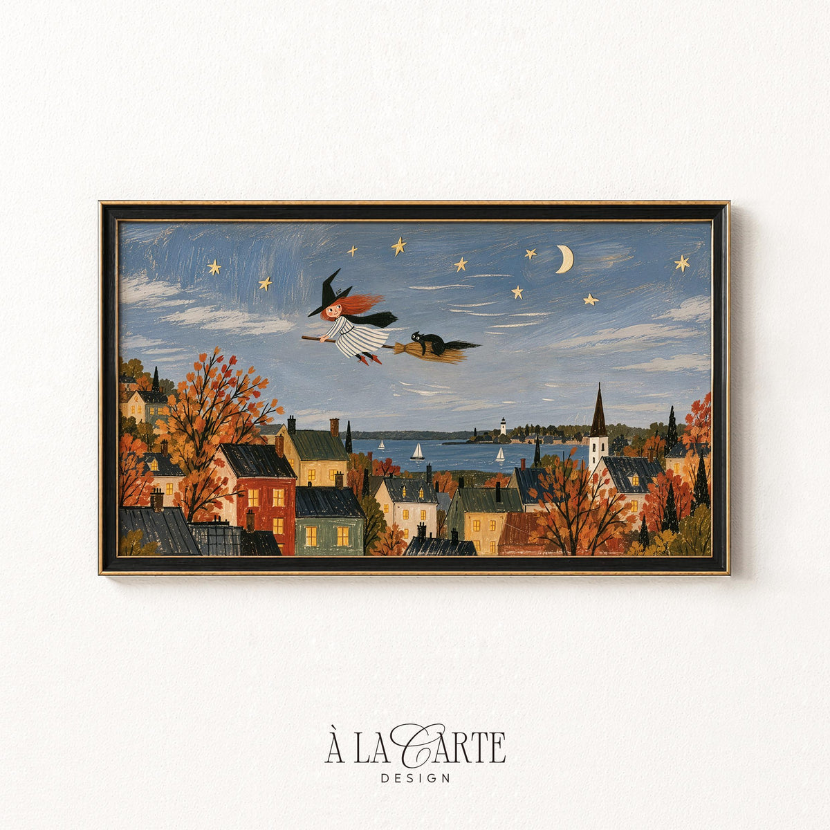 Spooky-but-sweet autumn Frame TV art pack — hand-painted witch and seaside hamlet in burnt sienna, gold, and navy with bird companion
