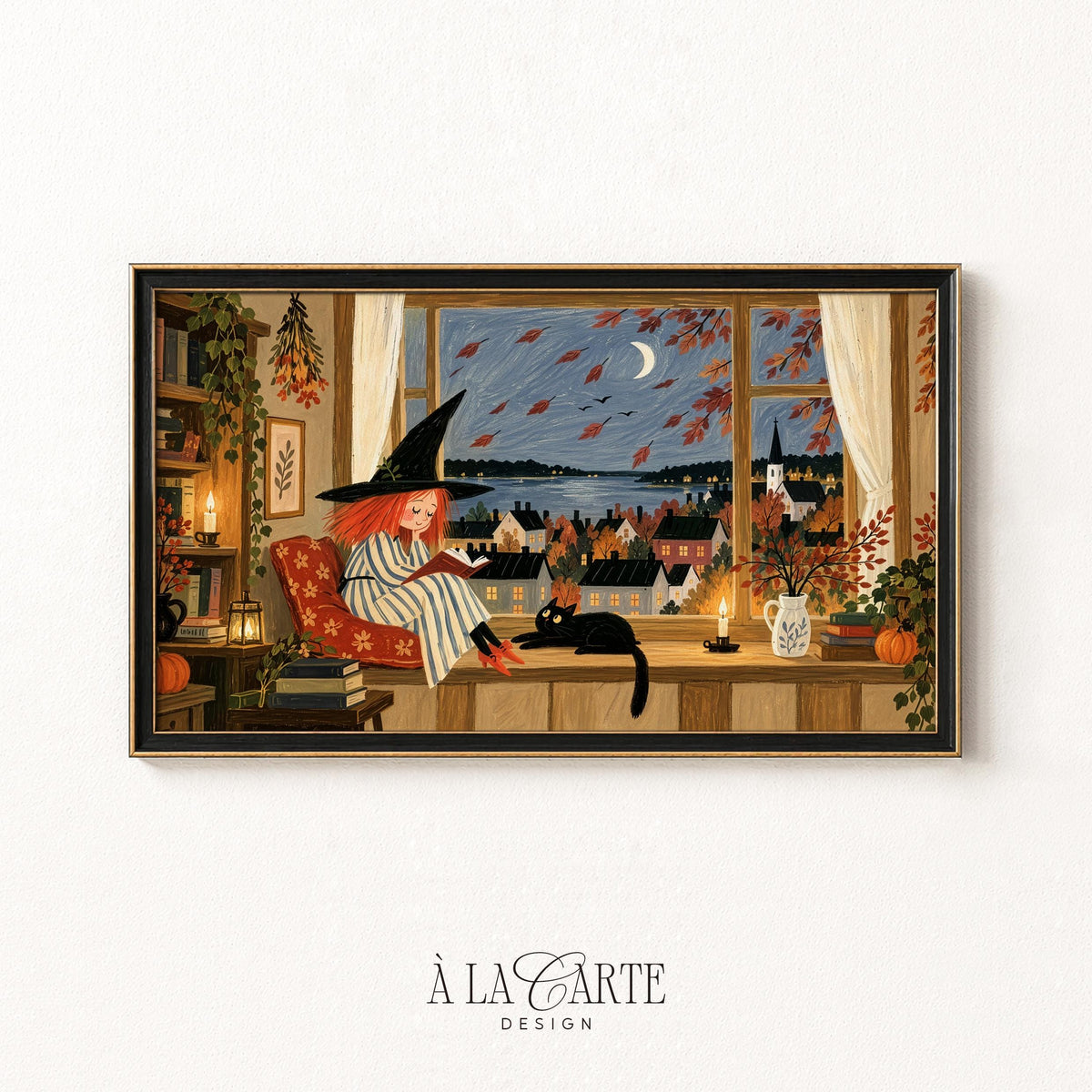 Cottagecore bedroom Frame TV art bundle — hand-painted autumn landscape with folkloric witch journey, starlit sky, and peaceful seaside village charm