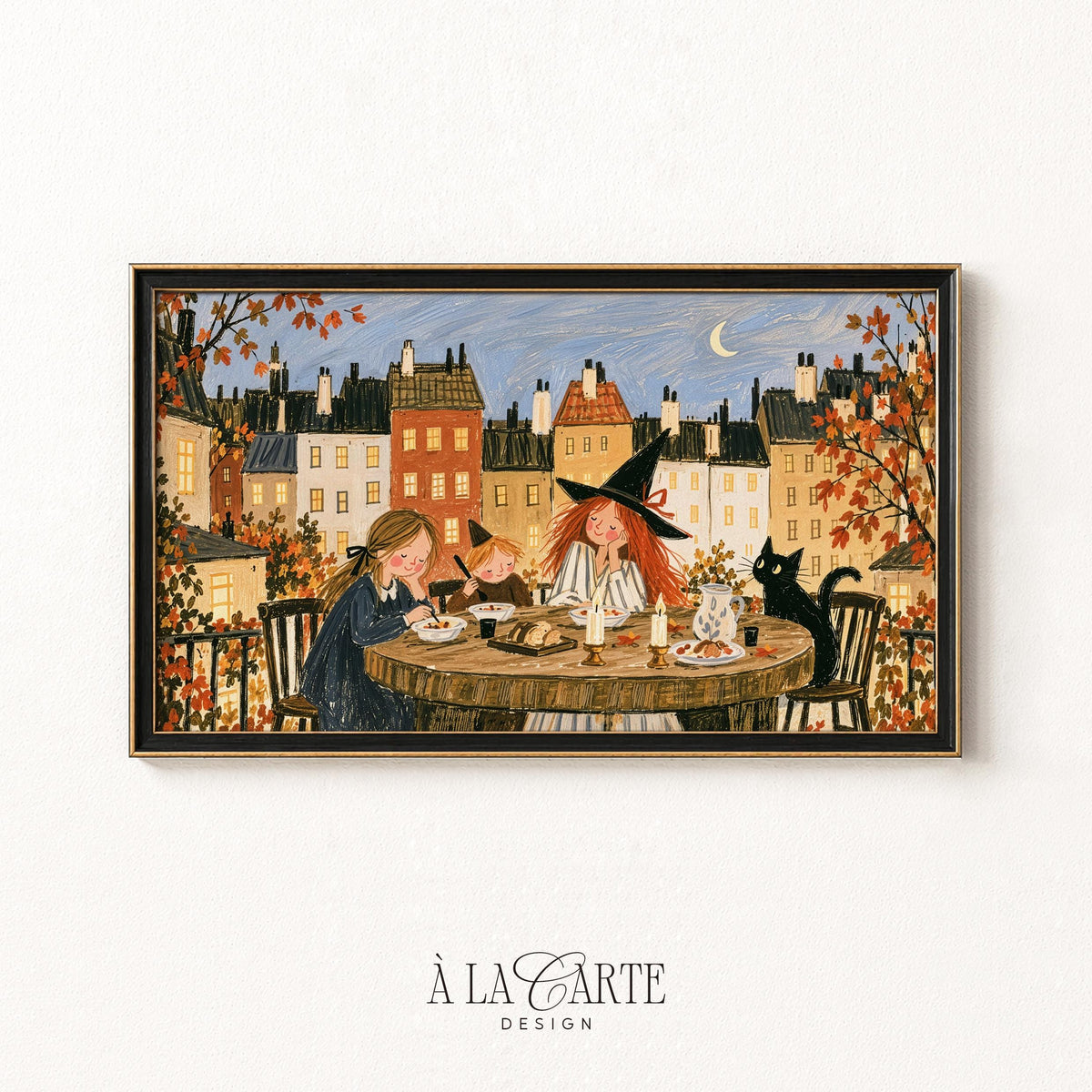 Textured coastal village Frame TV art download — charming autumn evening scene with flying character and nautical lighthouse for screen art display
