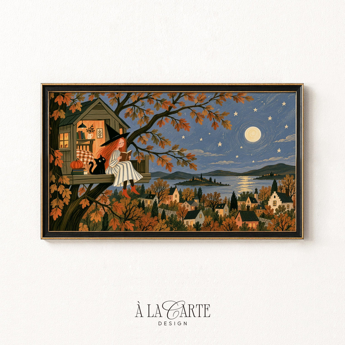 Folk art autumn village bundle for artwork television display — charming harvest scene with broomstick rider and coastal lighthouse theme