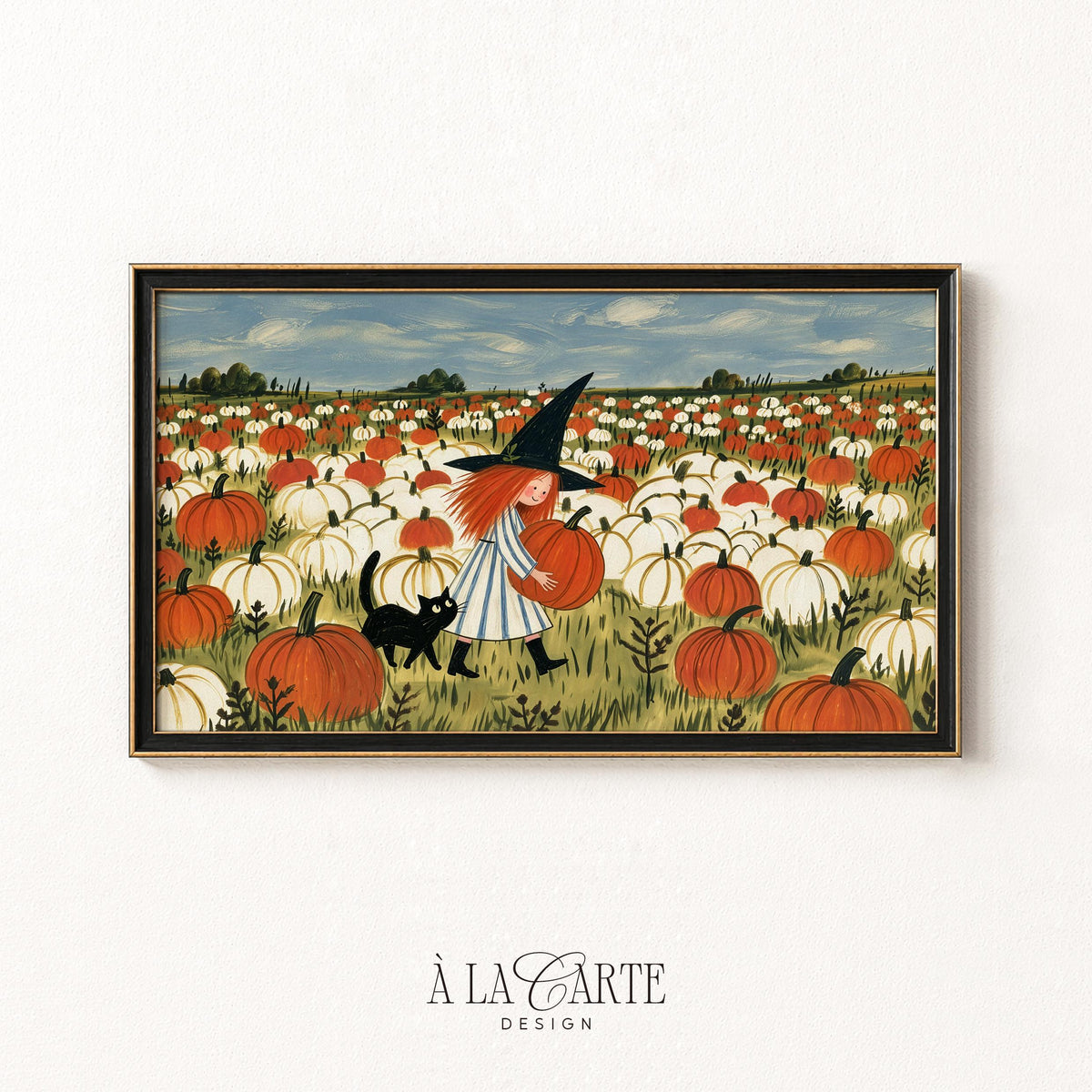 Gothic-lite Halloween Frame TV digital art set — autumn village at twilight with mysterious airborne figure, crescent moon, and peaceful countryside aesthetic