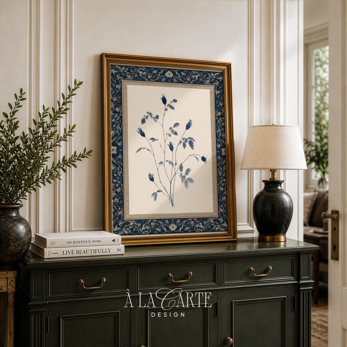Heritage botanical sketch poster for kitchen — delicate seed pods and foliage in soft blue tones