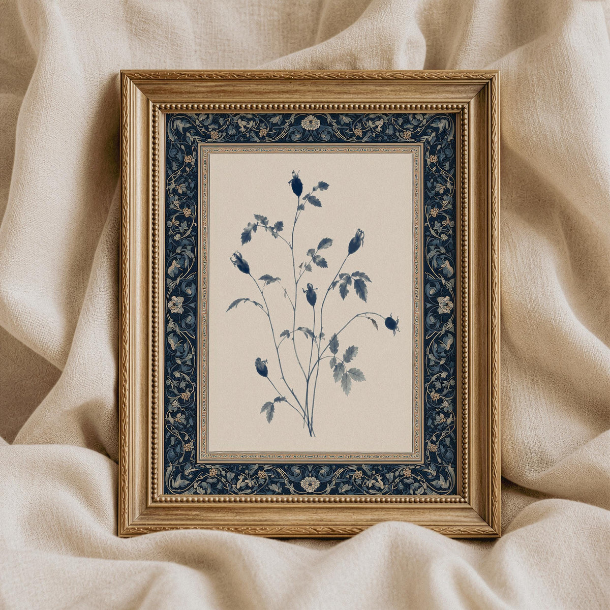 Delicate berry branch digital print for living room — antique tapestry-style illustration with muted blue tones