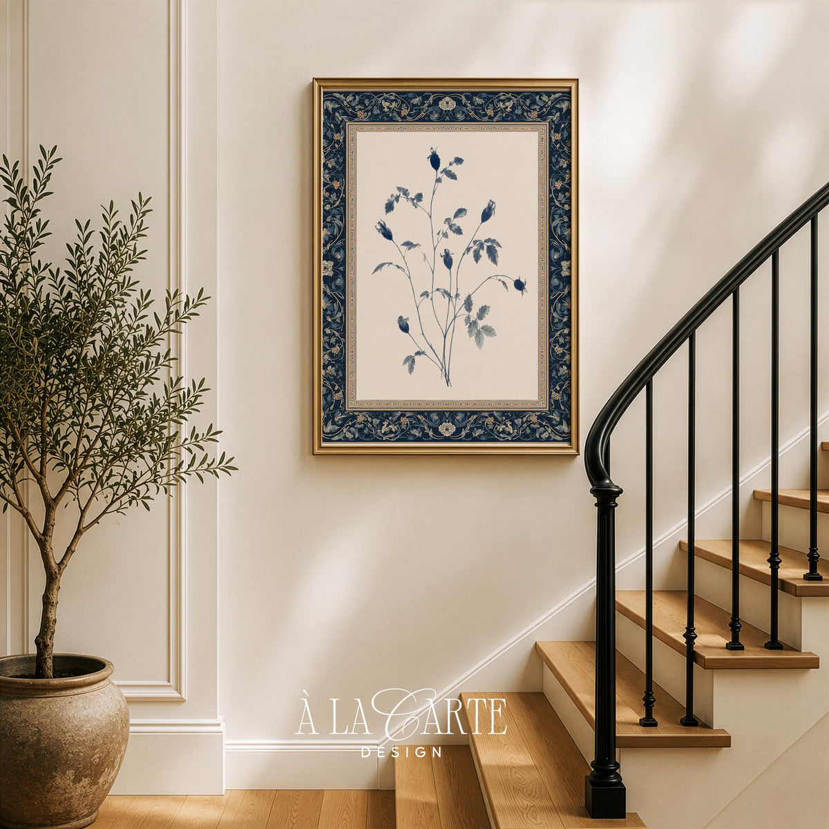 Botanical tapestry printable featuring rose hips — refined antique textile design with thorned stems and berries