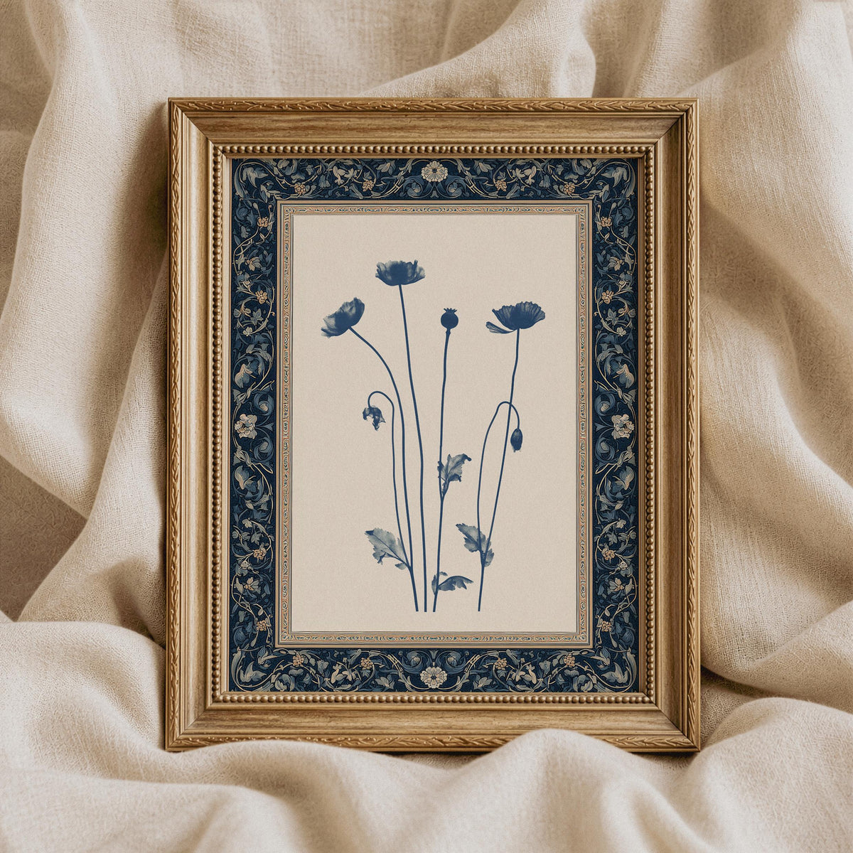 Indigo botanical line art for entryway — cozy cottagecore wall picture with slender poppy stems and minimal leaf clusters