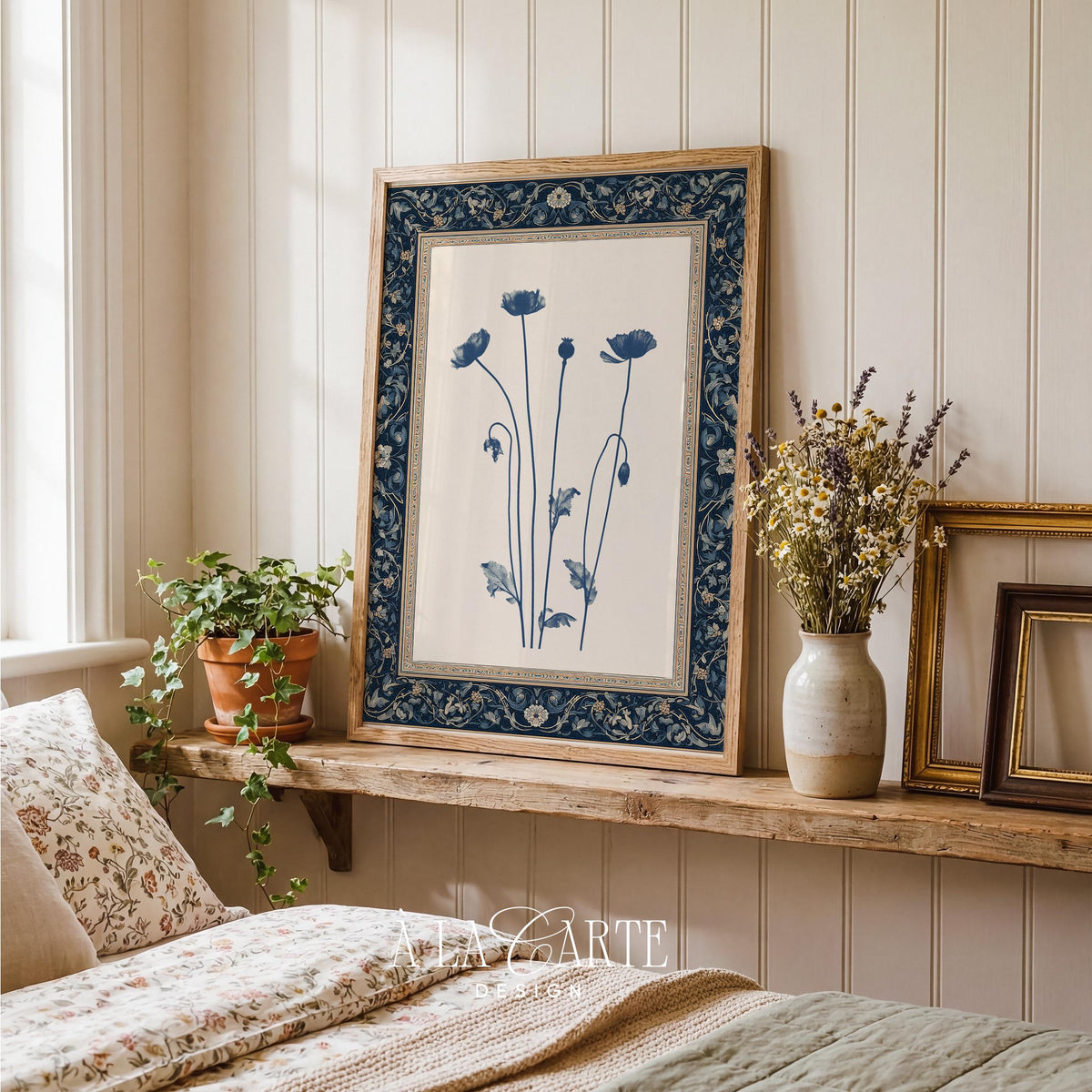 Antique poppy flower poster — French country inspired digital wall art with indigo monochrome palette and delicate buds