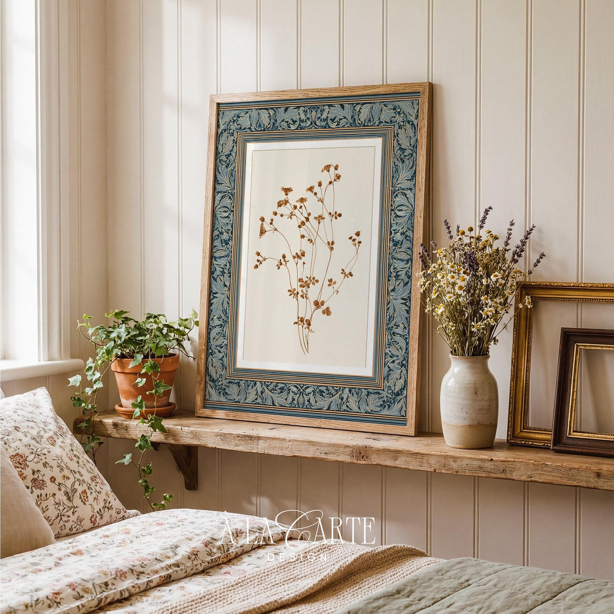 Delicate wildflower stems digital print for living room — cottagecore botanical tapestry with muted tones and rustic elegance