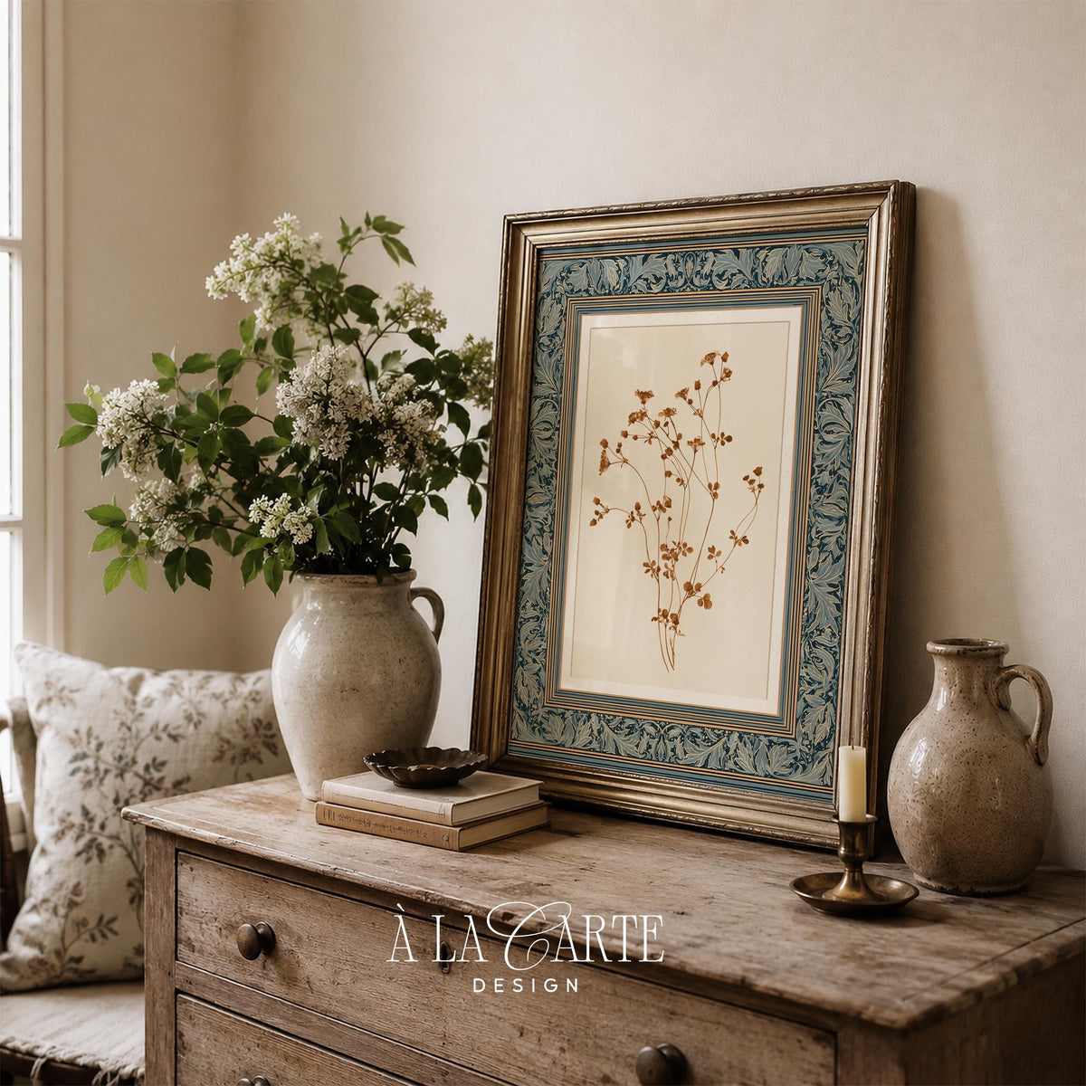 Pressed flora digital print for dining room — delicate botanical sprigs with heritage antique textile aesthetic and cream palette