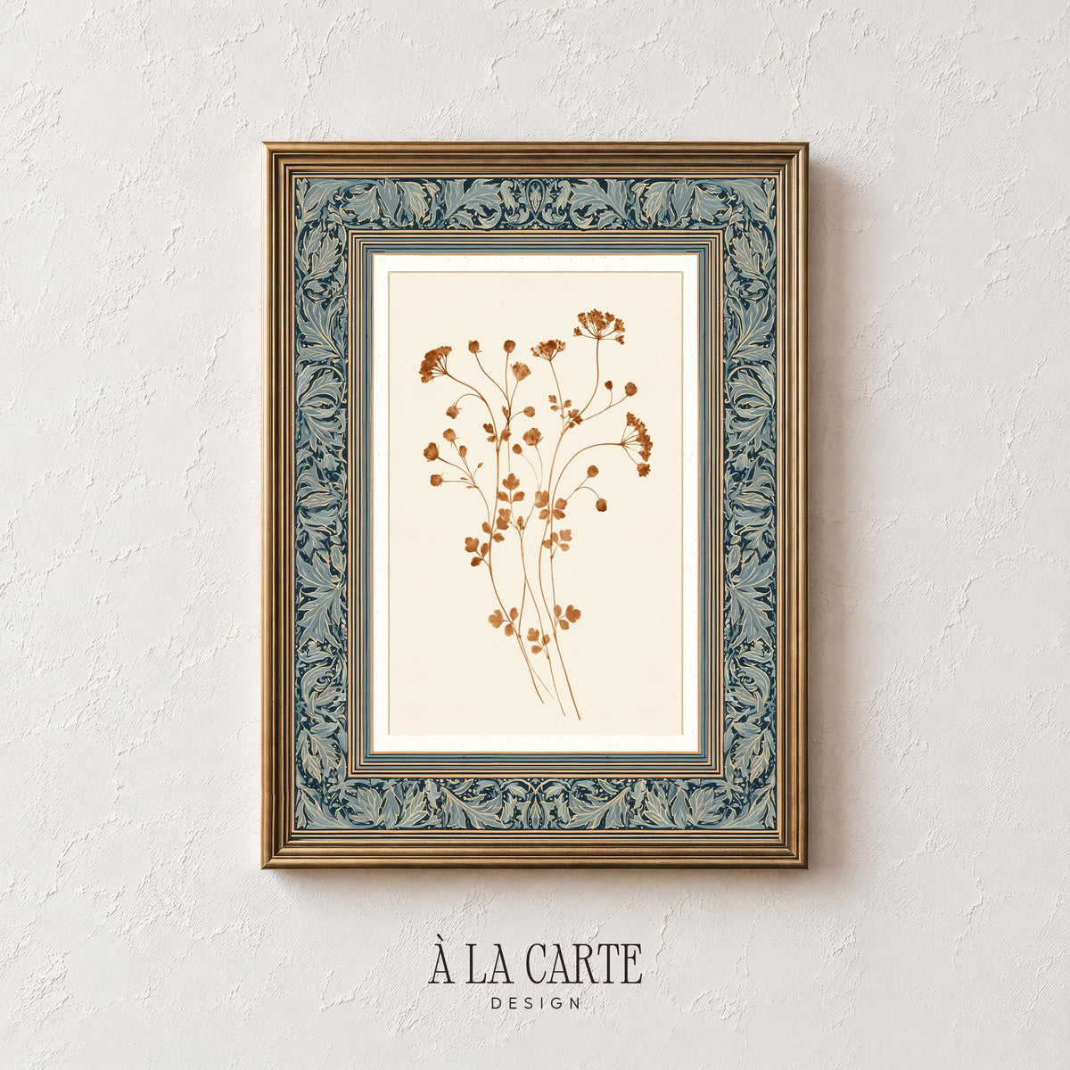 Antique tapestry-style botanical artwork — delicate clustered stems in warm earth tones with decorative blue-green accent