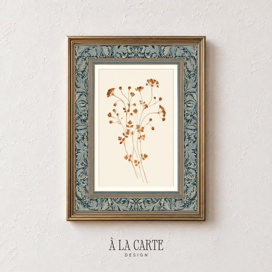 Antique tapestry-style botanical artwork — delicate clustered stems in warm earth tones with decorative blue-green accent
