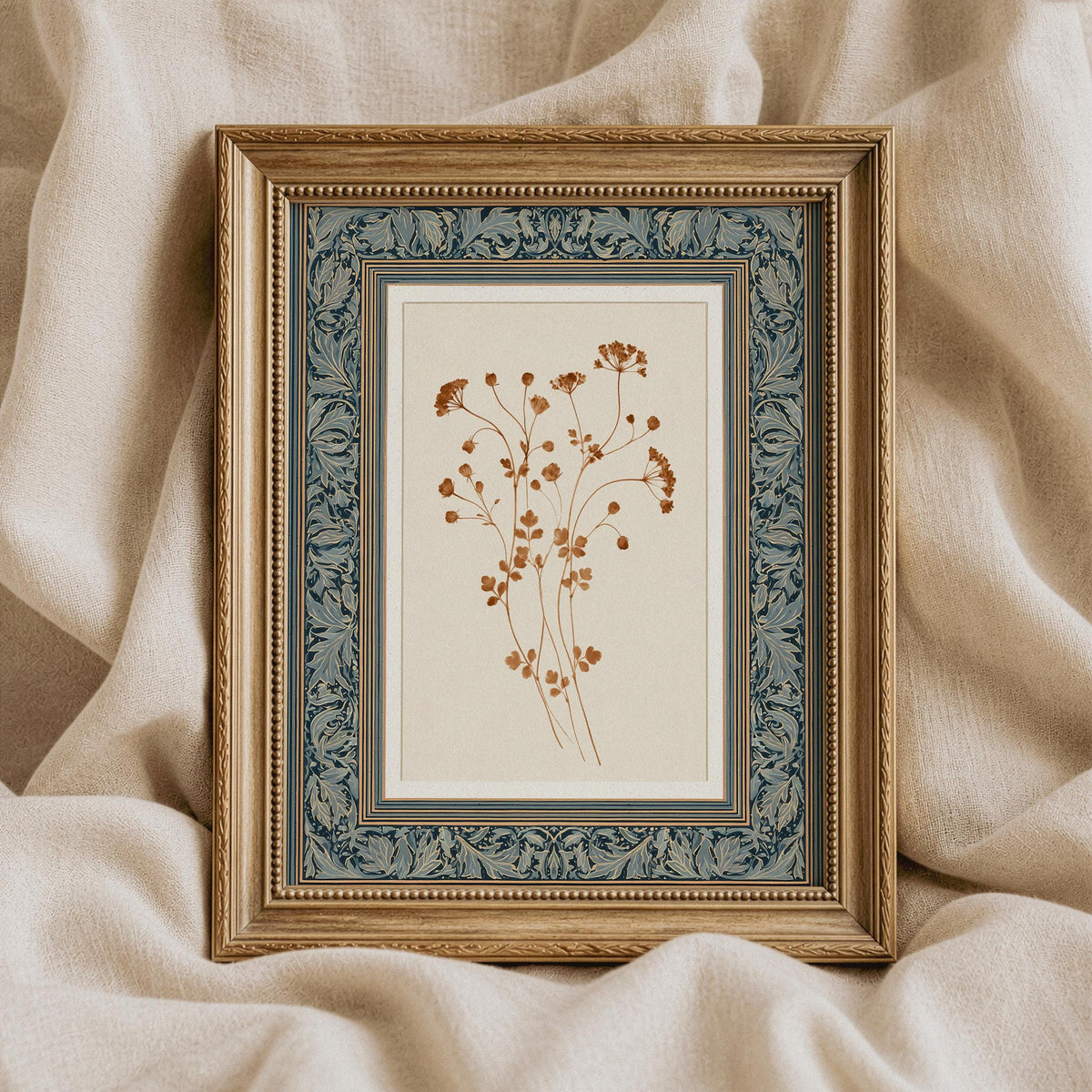 Delicate floral pattern art poster — rustic herbarium-inspired pressed botanicals with heritage textile aesthetic and ornate border