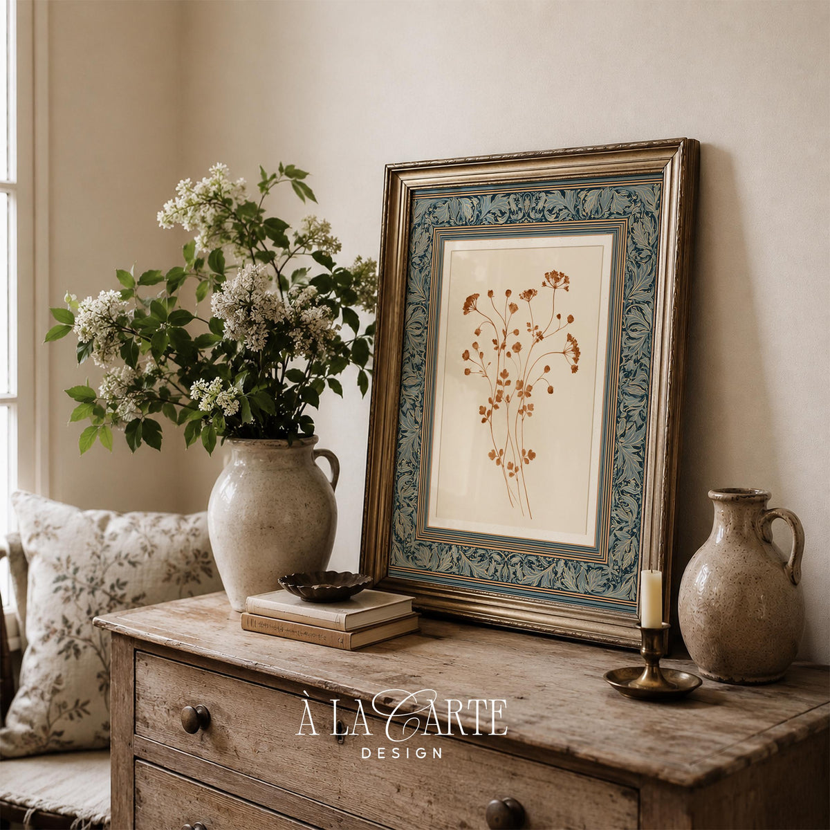 French country floral wall art — pressed-flower aesthetic with ornate border, soft rust and amber botanical tones