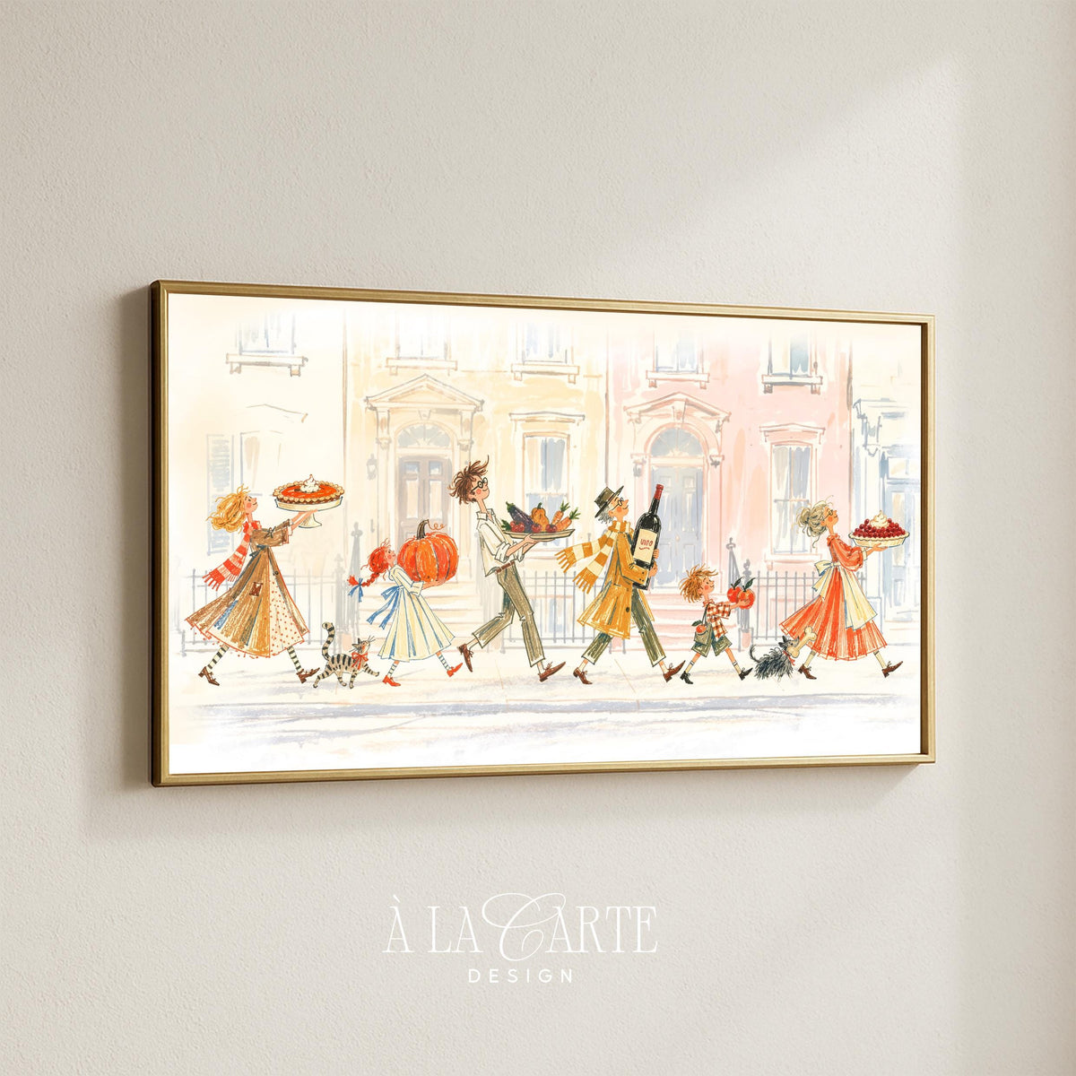 Nostalgic fall townhouse Frame TV art download — whimsical screen art with soft painterly brushwork, pies, and charming vintage aesthetic