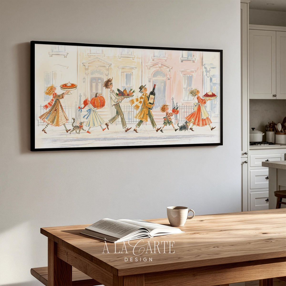 Charming vintage Thanksgiving parade framed tvs with art — digital Frame TV download with storybook quality, playful dogs, and muted harvest colors