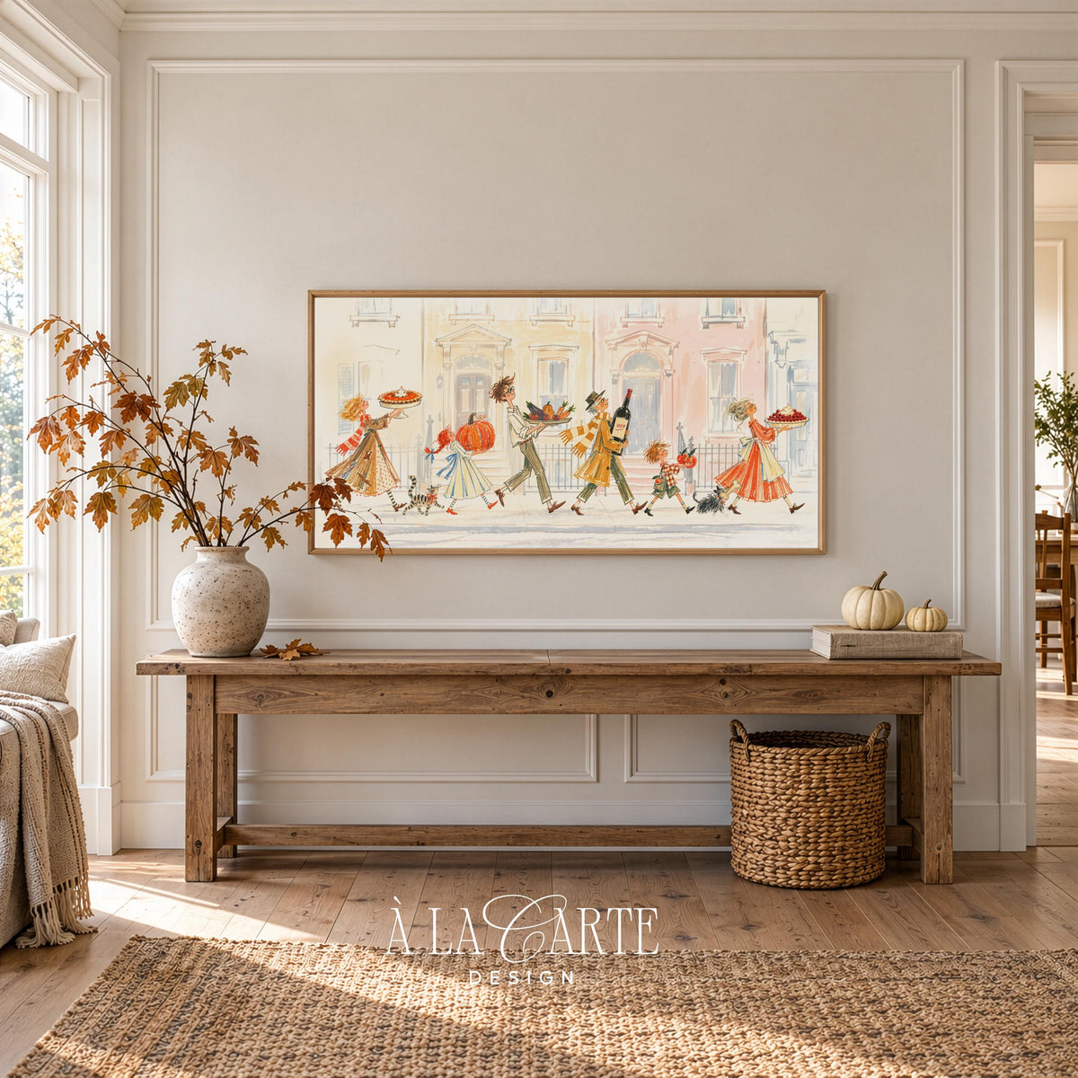 Festive townhouse gathering Samsung picture TV art — whimsical fall frame TV art with soft watercolor brushwork and seasonal dishes