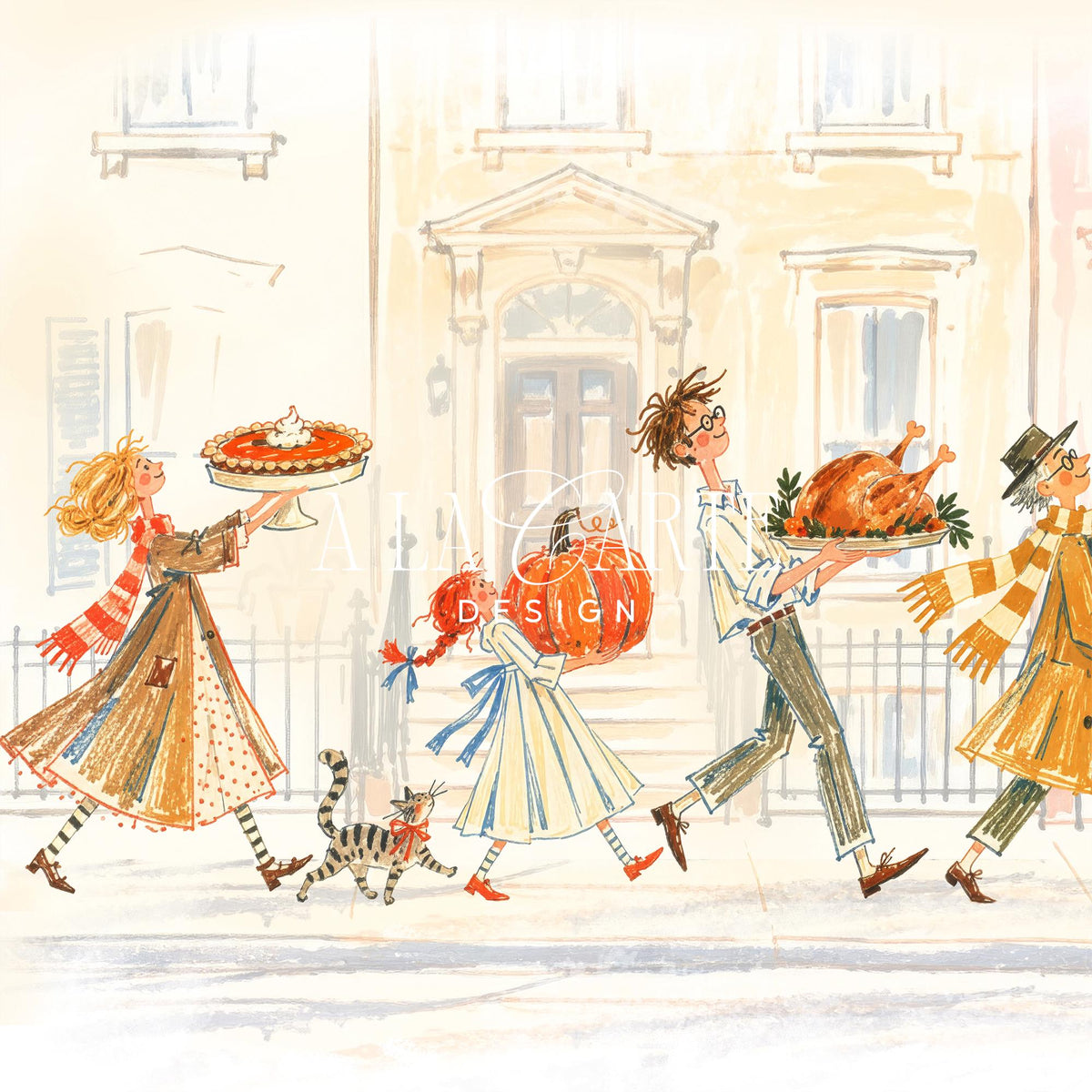 Whimsical harvest celebration screen art — soft watercolor Thanksgiving scene with roasted bird and pumpkins for Samsung Frame TV