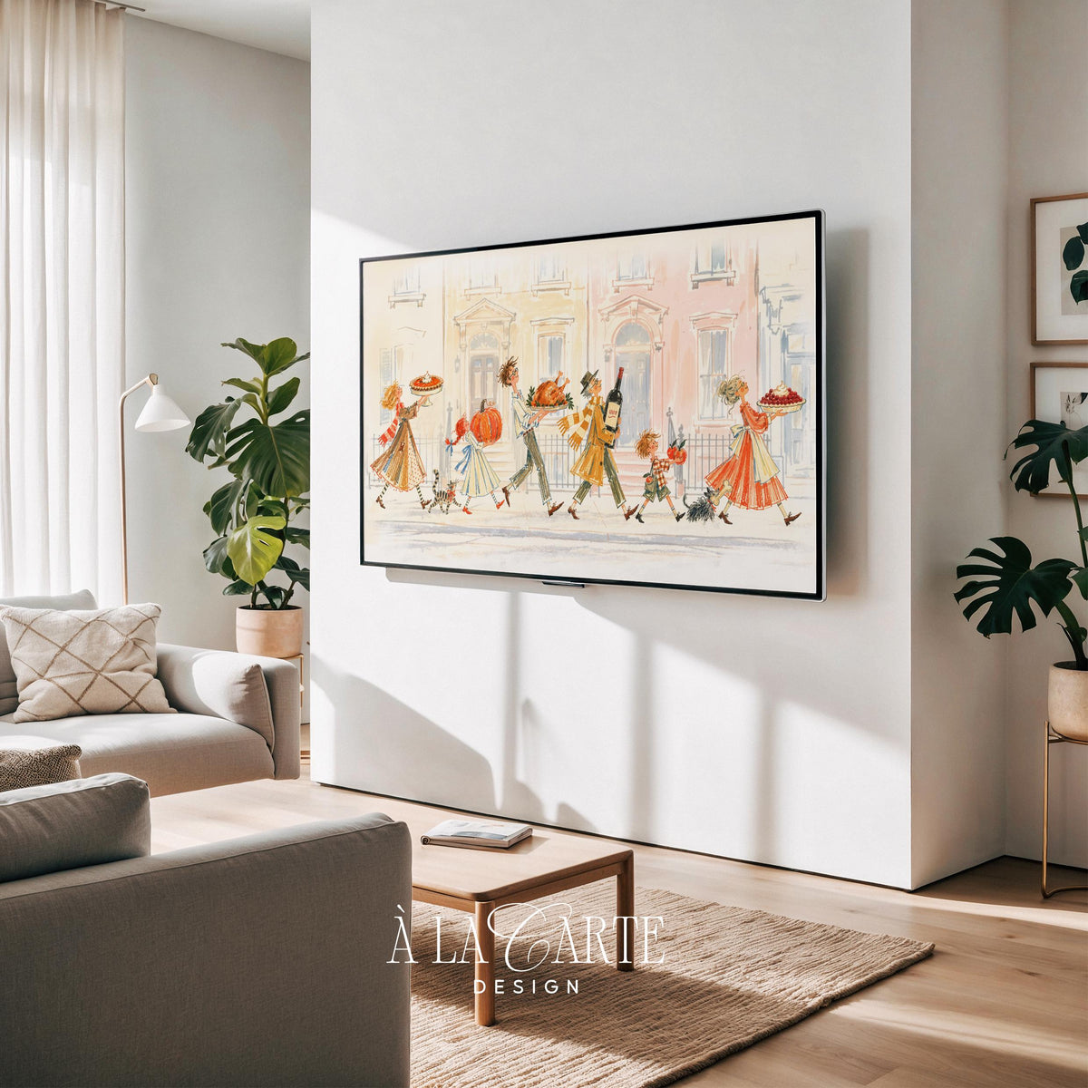 Festive townhouse parade TV as painting — nostalgic watercolor illustration with mustard and rust toned figures carrying harvest bounty