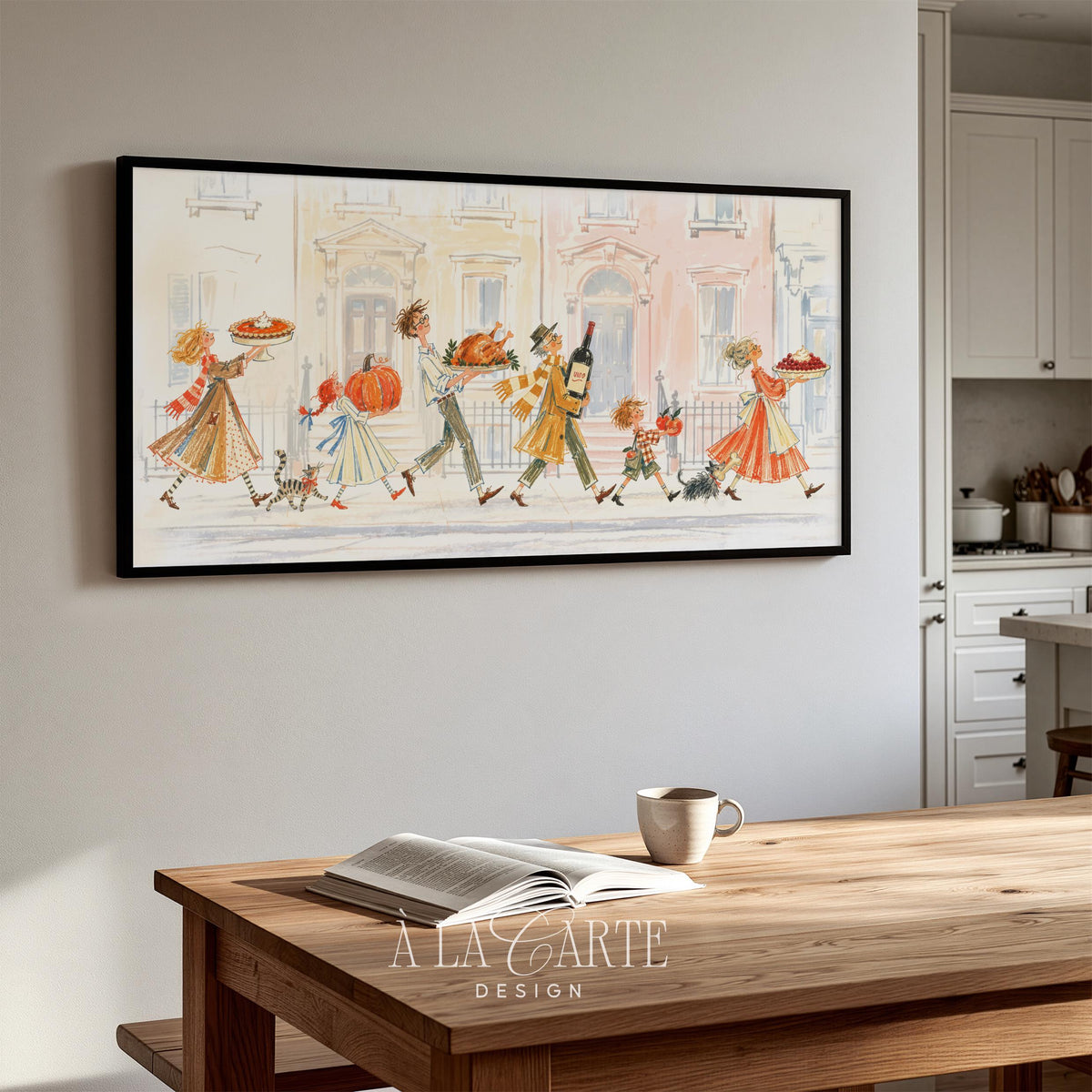 Charming autumn feast Frame TV artwork — cute vintage-style procession with wine, pastries, and trailing dogs for living room
